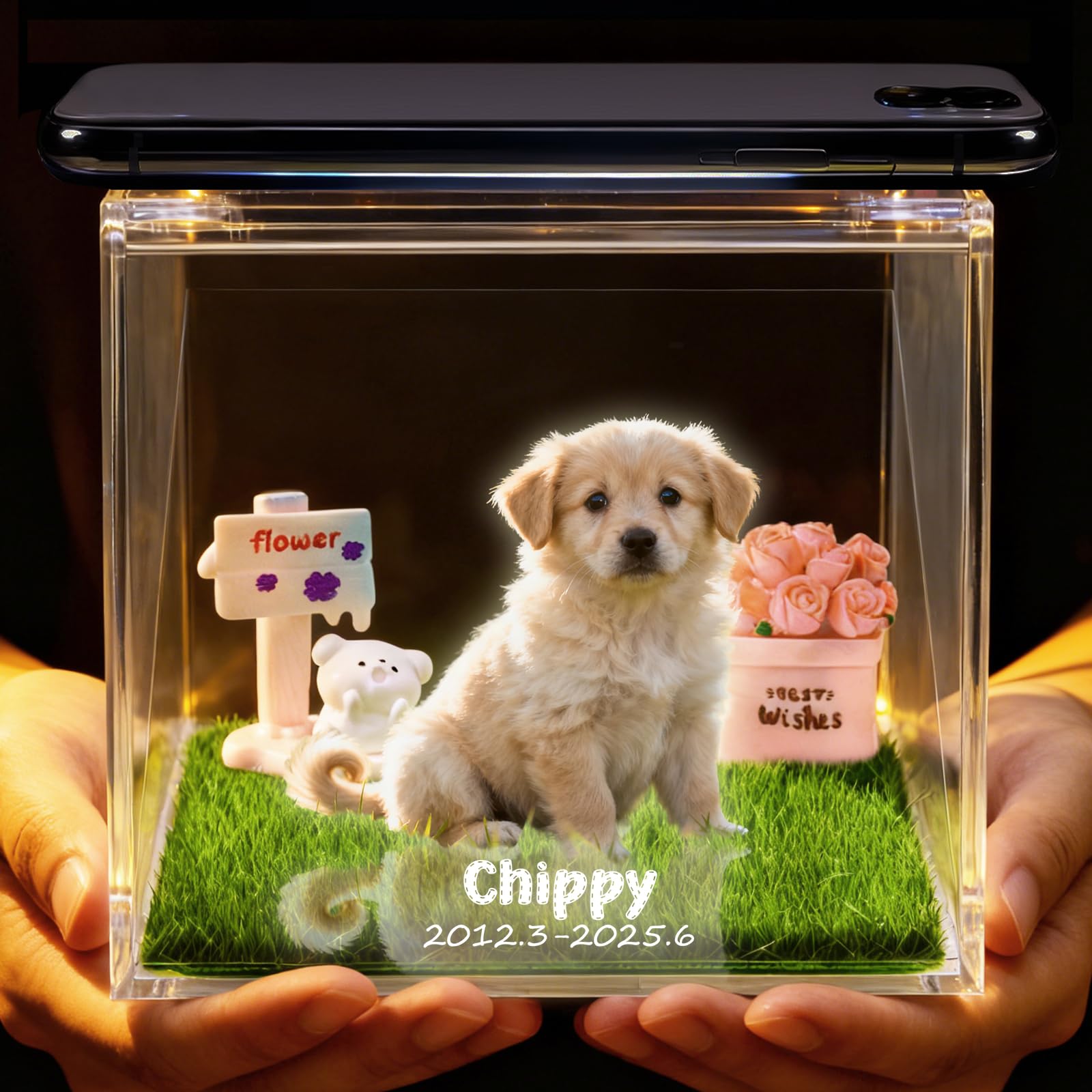 Bretonft Personalised 3D Holographic Pet Memorial Box Custom Dog Memorial Gifts Customized Pet Hologram Dog House with Name HD 1080P for Memorial Pet Owners, Desk Ornament