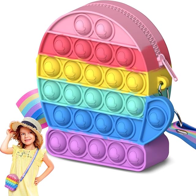 Pop Push it Bag, YOINGO Poppet Bag Purse, 2 in 1 Popit Bag Fidget Toy Messenger Bag with Adjustable Shoulder Strap Length, Anti Stress Silicone Push Bubble Handbags for Kids Adults(Rainbow Gloves)