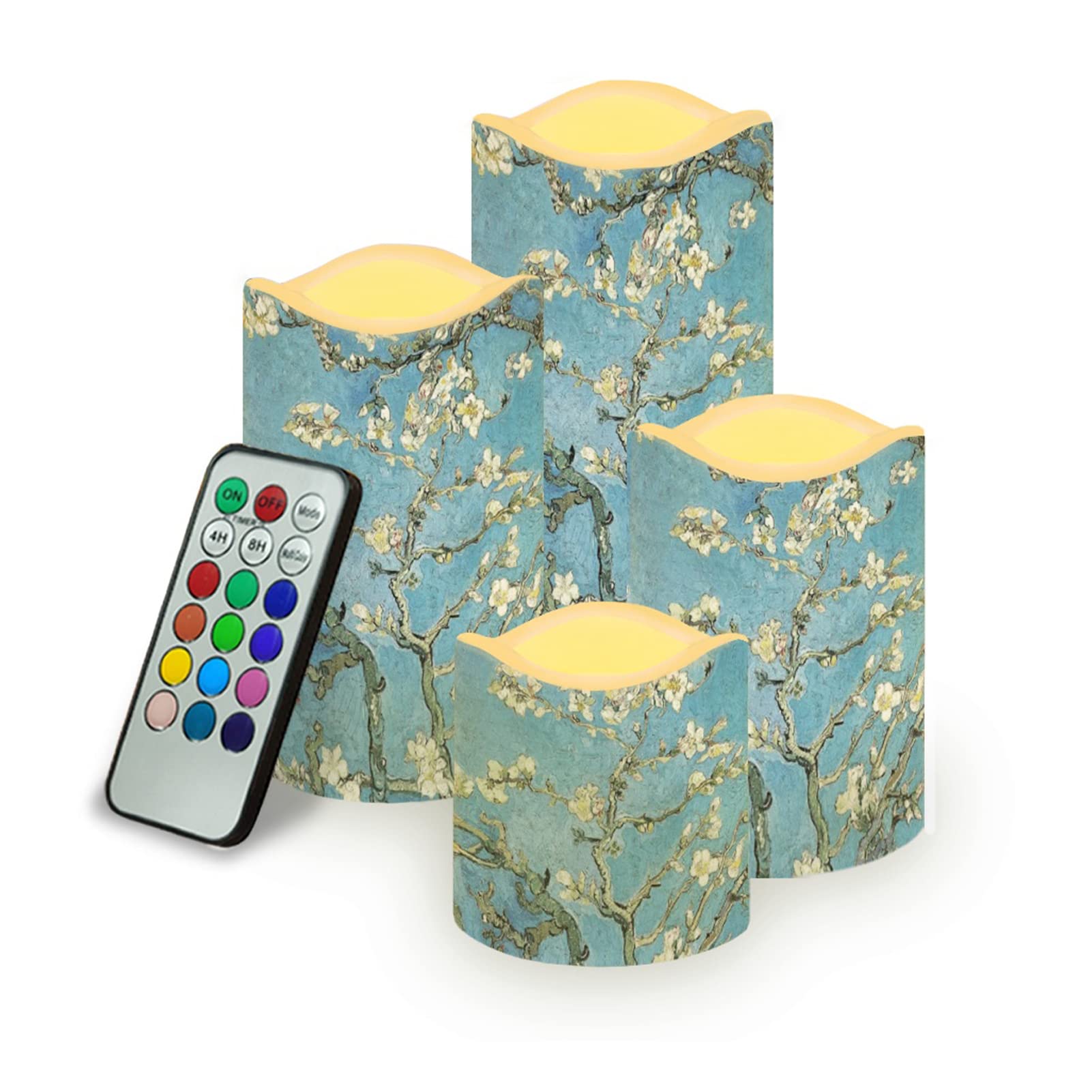 Kuiaobaty Van Gogh Painting Battery Operated Flameless Candles with Remote Control Decorative Night Light, Branch of an Almond Tree in Blossom