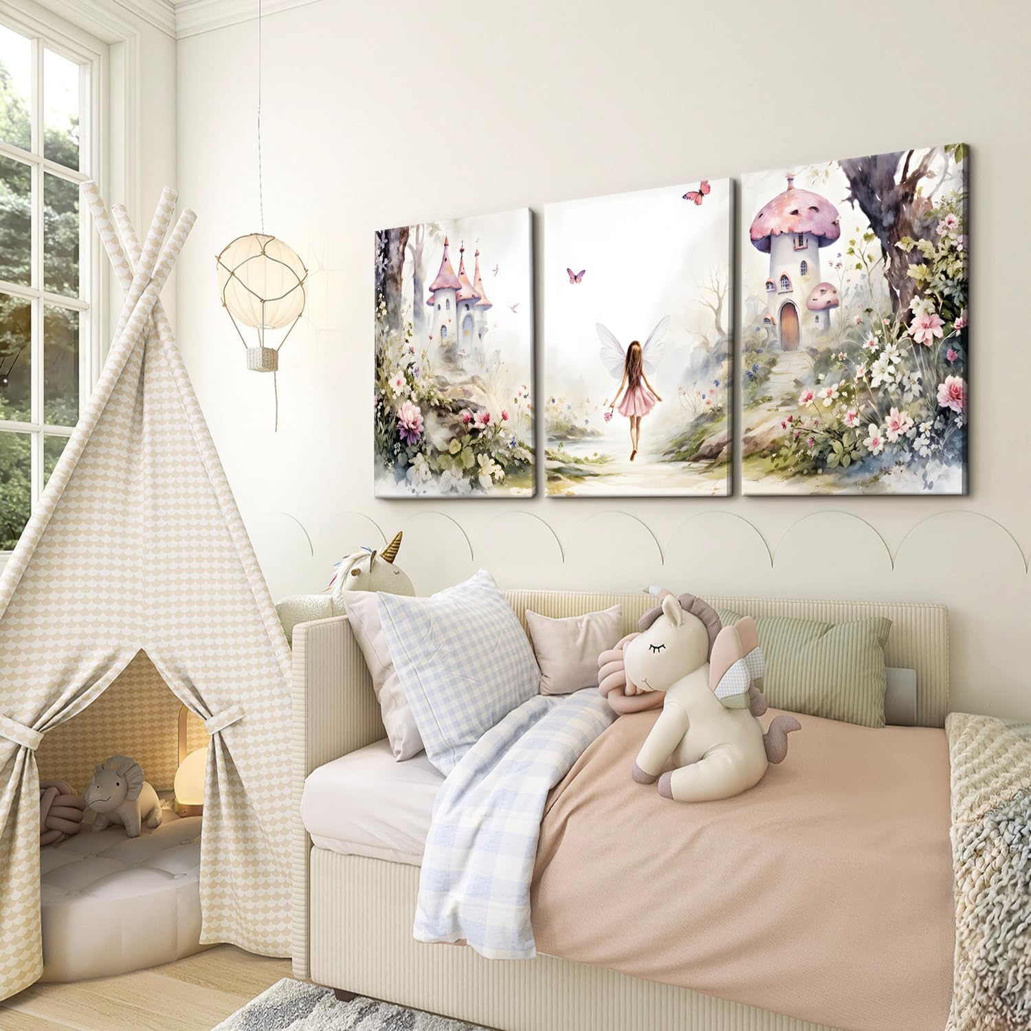 3 Pcs Framed Fairy Garden Canvas Wall Art Flower Fairy Posters Prints mushroom castle Painting Pictures Enchanted forest Wall Decor for Living Room Bedroom Girls Room Nursery Decoration