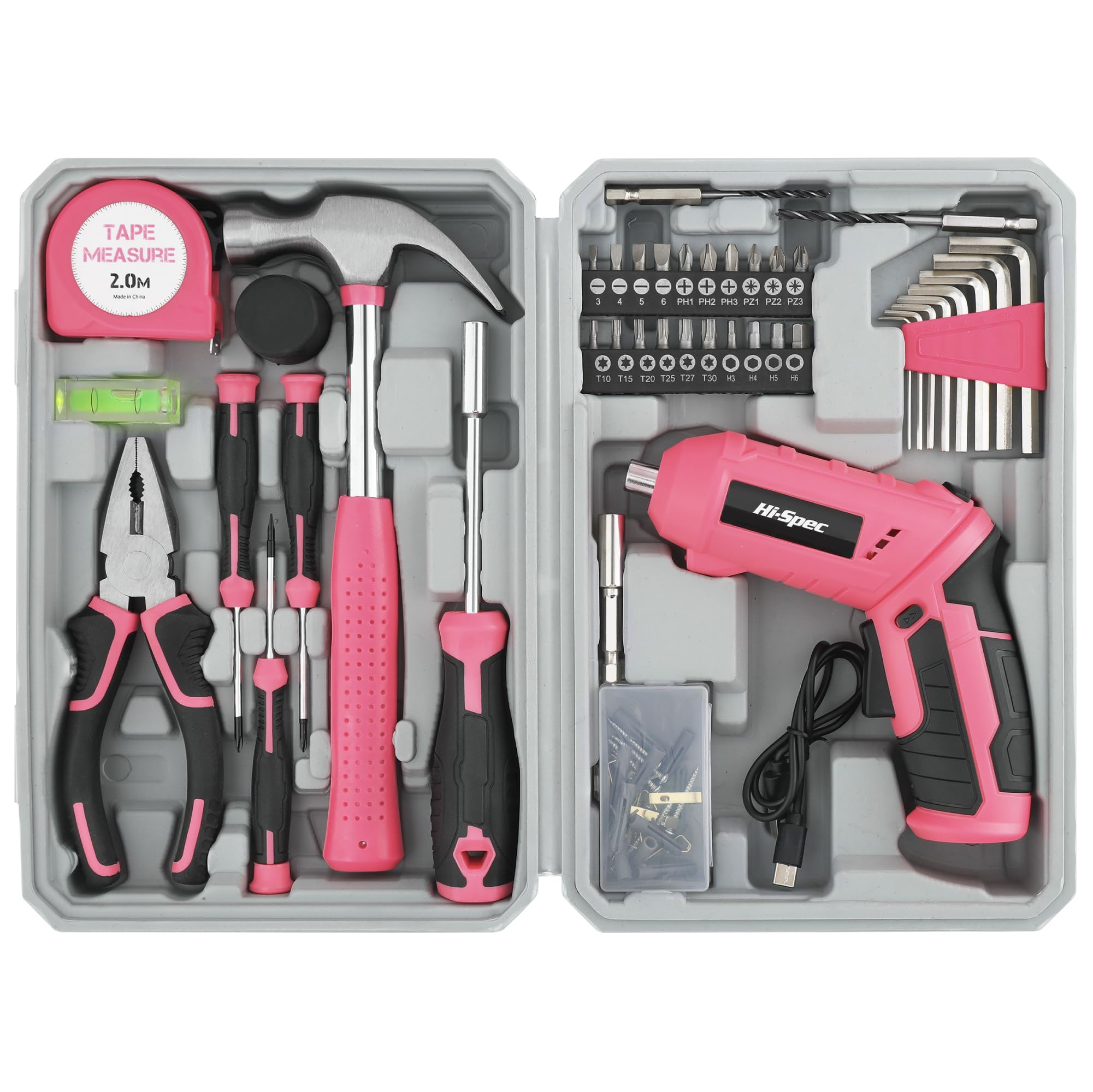 Hi-Spec 42pc Pink 4V USB Electric Power Driver & Household Tool Kit