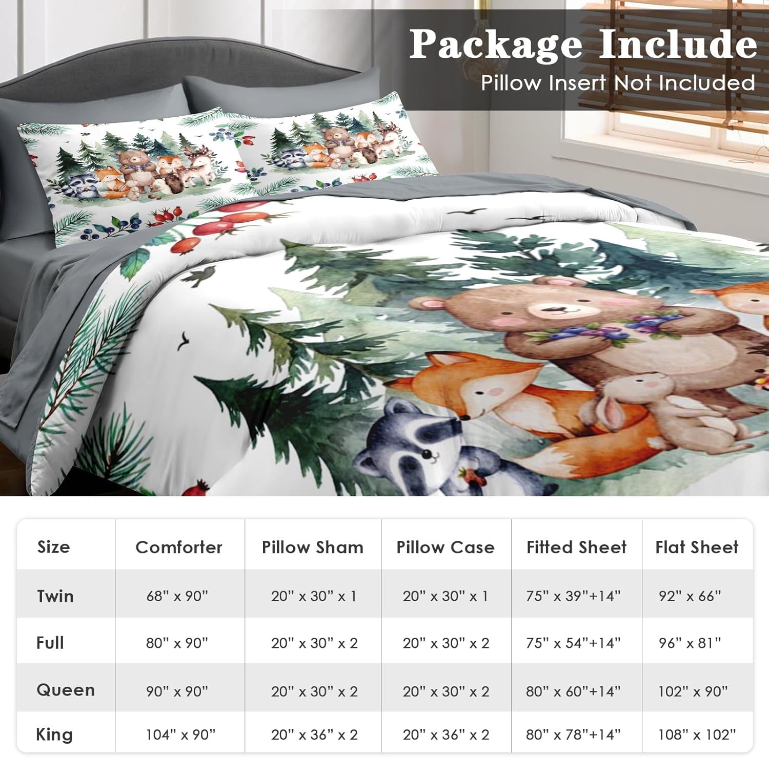 Comforter Set Twin Size, Woodland Animal 5 Pcs Bedding for Kids and Adults, Fox Cute Bear Bed Sheet Sets with Fitted Sheet Pillowcase & Sham for Bedroom Bed Decor - Image 6