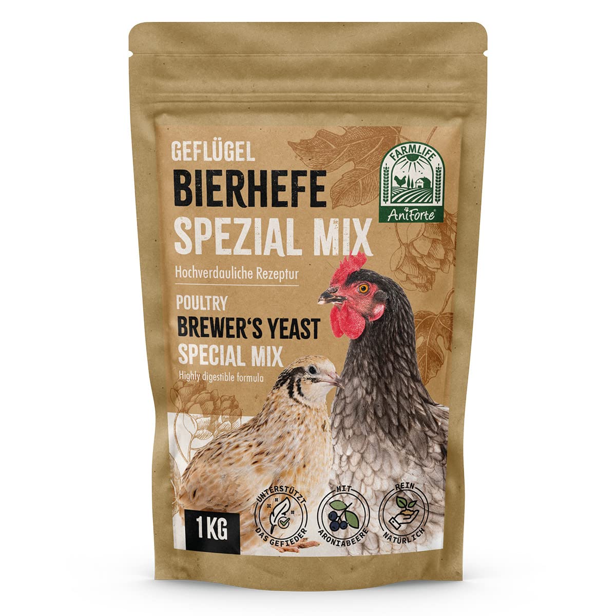 FarmLife Lievito di birra per polli e pollame, mix speciale, 1 kg, integratore naturale in lievito di birra BT, bacche di aronia e farina di torta di lino, supporta la digestione, la pelle e la