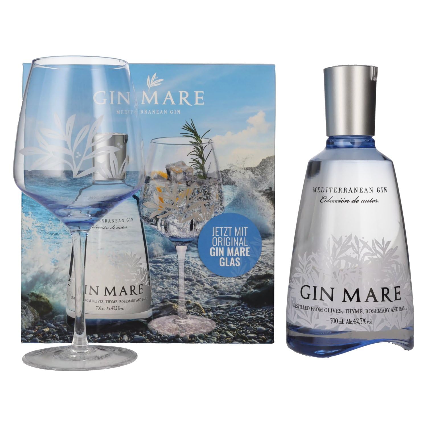 Gin Mare - Der mediterrane Gin - würzig-aromatisch inspiriert von der einzigartigen Geschmackswelt der Mittelmeerregion - Hochwertiges Geschenkset - 0.7L/42.7% Vol.