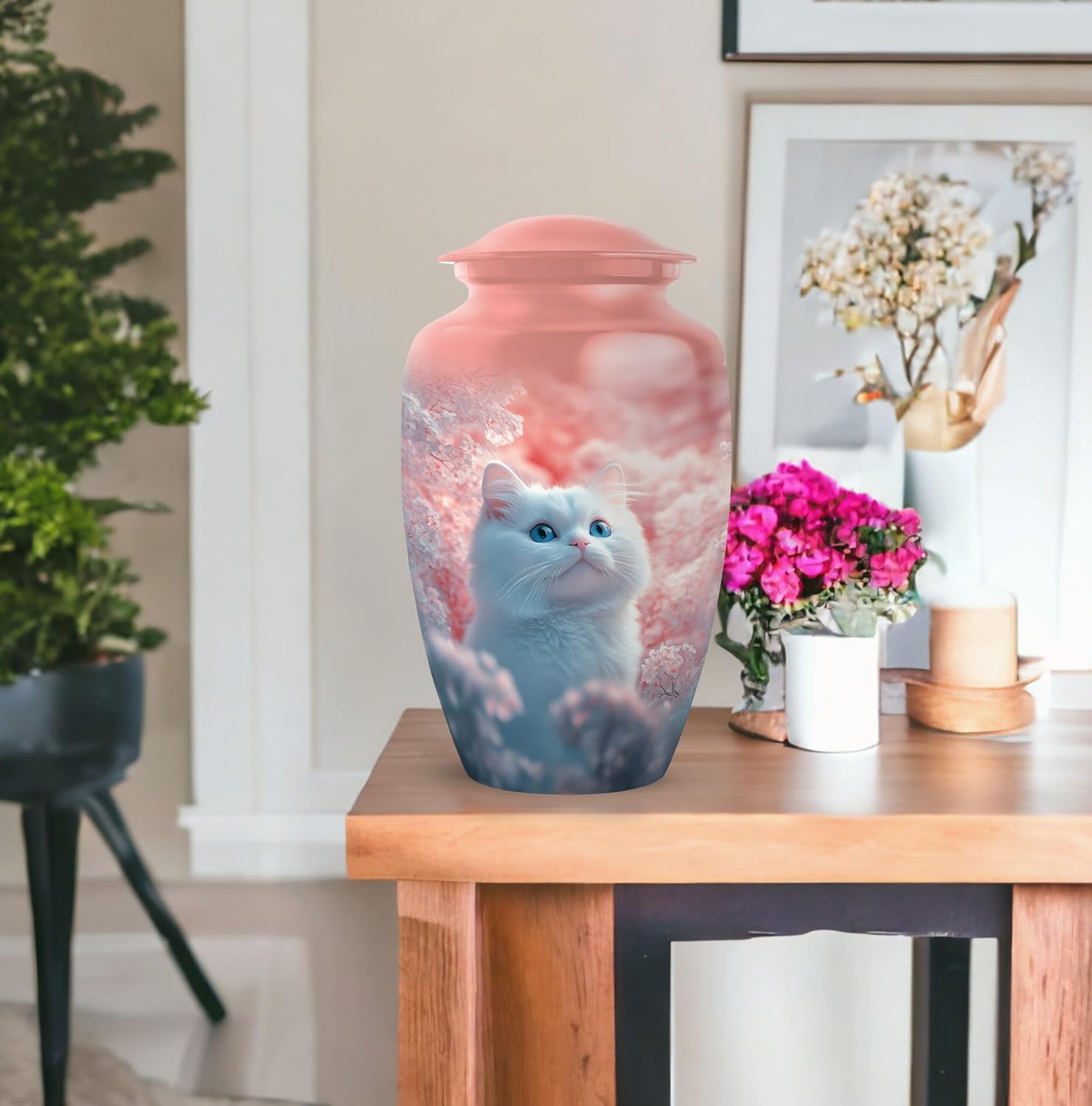 Cat with Flowers Urns - Pink Cat Urn for Ashes for Women - Funeral Cremation Urn with Kittens - Keepsake for Adults - Large Decorative Urns for Dad Mom Female (Combo of 5, 10 Inch & 3 Inch)