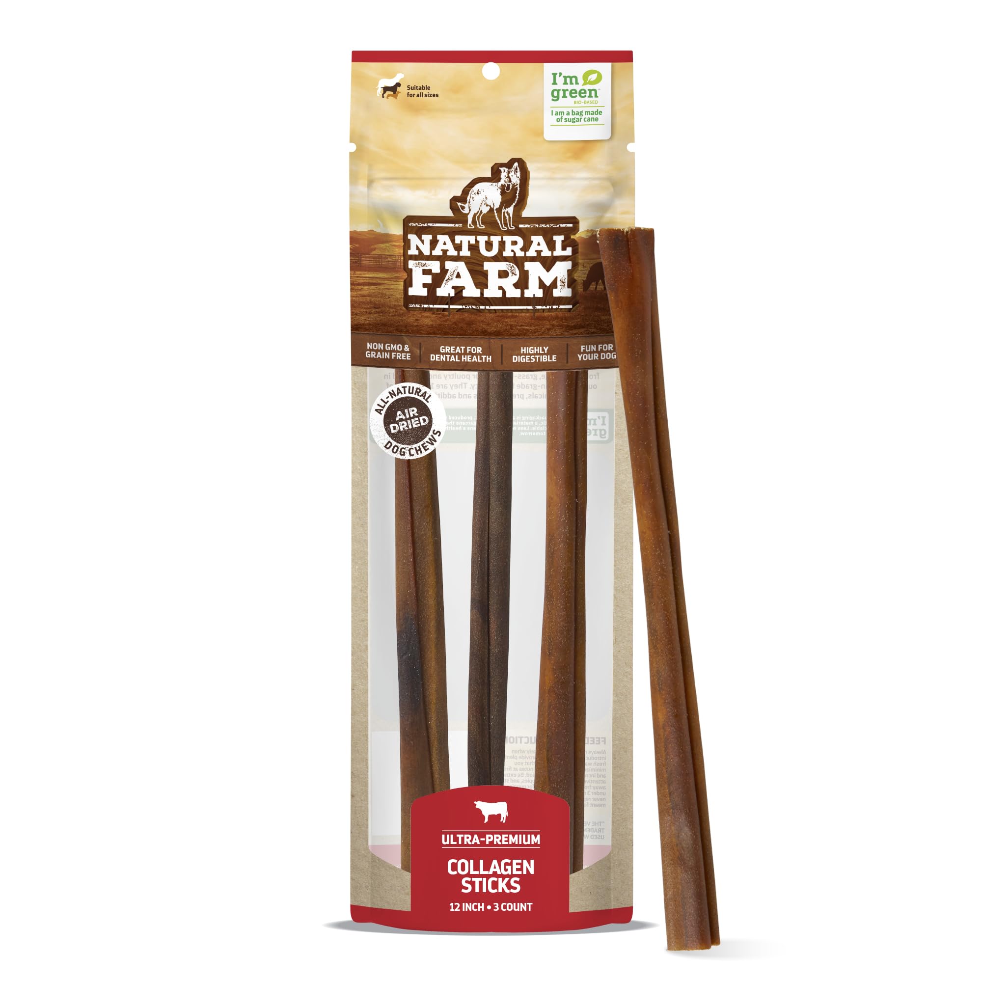 Natural Farm Odor-Free Collagen Chews (12 Inch, 3 Pack), Long Lasting Bully Sticks & Rawhide Alternative Dog Treats, 95% Collagen Low Fat, High