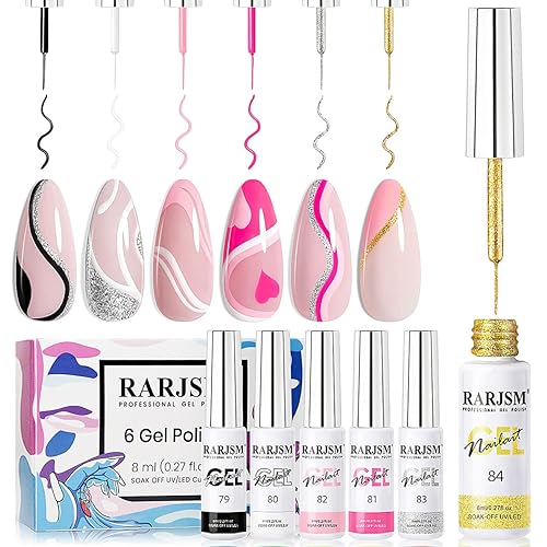 RARJSM Juego de 6 esmaltes de uñas de gel con forro de uñas, color popular, negro, blanco, rosa, rojo, purpurina, plateado, dorado, requiere