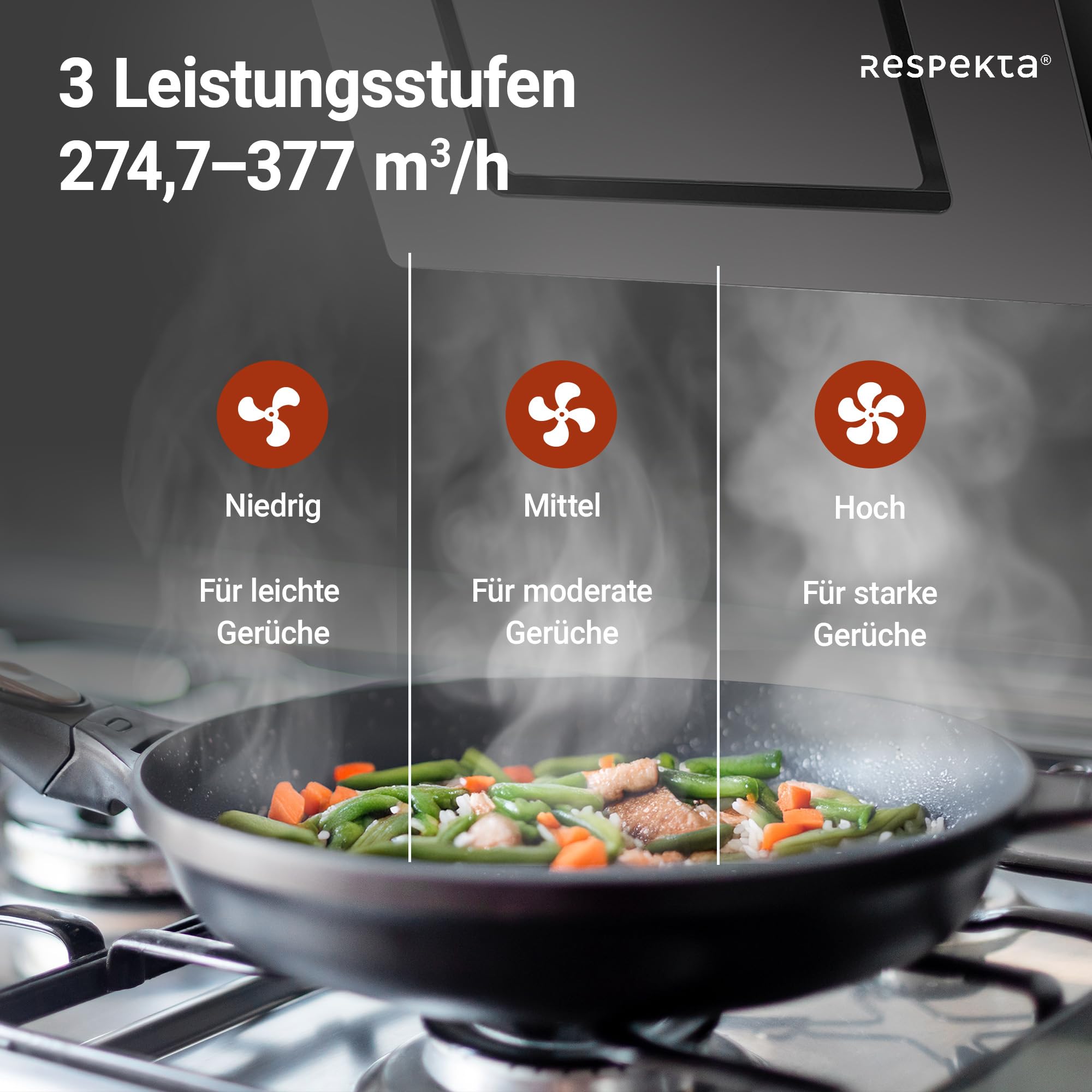 Respekta Dunstabzugshaube 60 cm Metallgehäuse Glasschirm Schwarz Abluft Umluft 54-62 dB