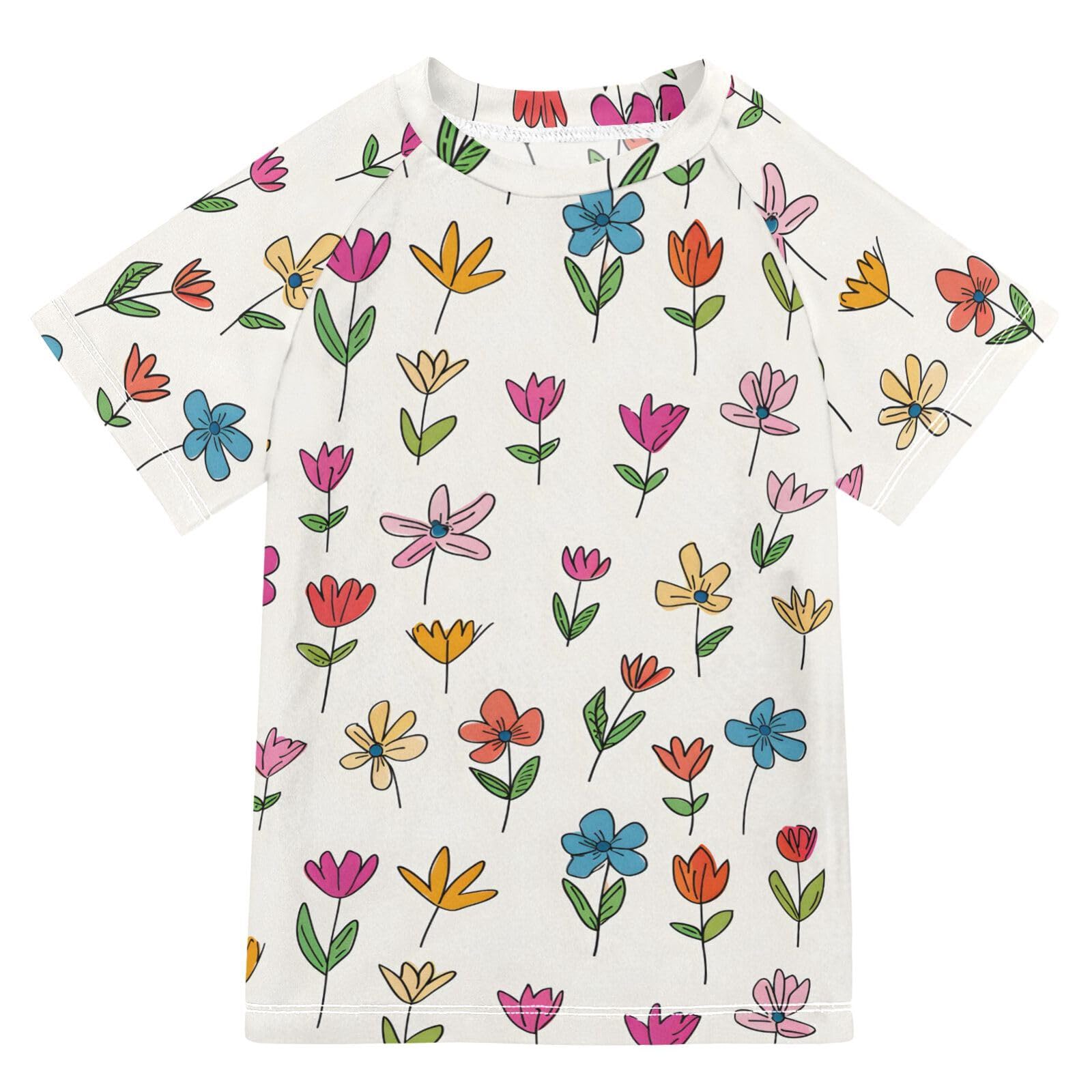 Boys Rash Guard Short Sleeve Swim Shirts for Boys Little Flowers Sun Protection 7-8T