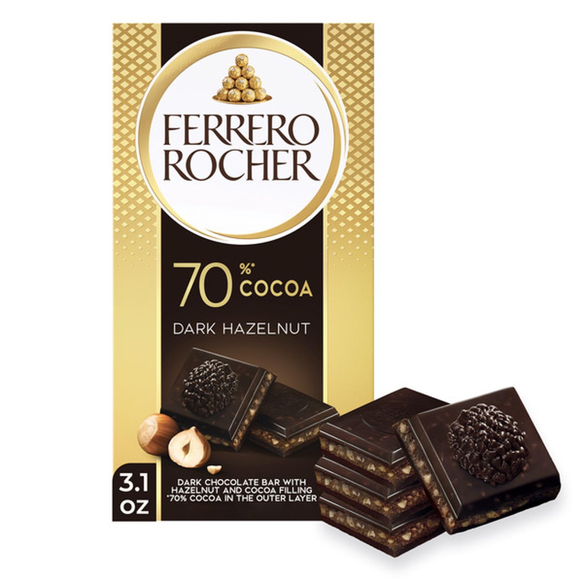 Ferrero Rocher Dark Chocolate Bar with Hazelnut Pieces, 90 grams