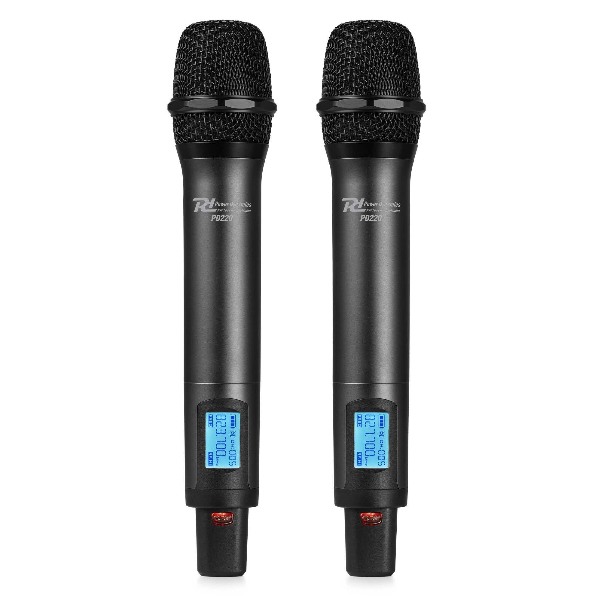 Power Dynamics PD22 Sistema inalámbrico UHF con 2 micrófonos | True Diversity, 2 micrófonos, 80 canales por unidad, incluye maletín de transporte