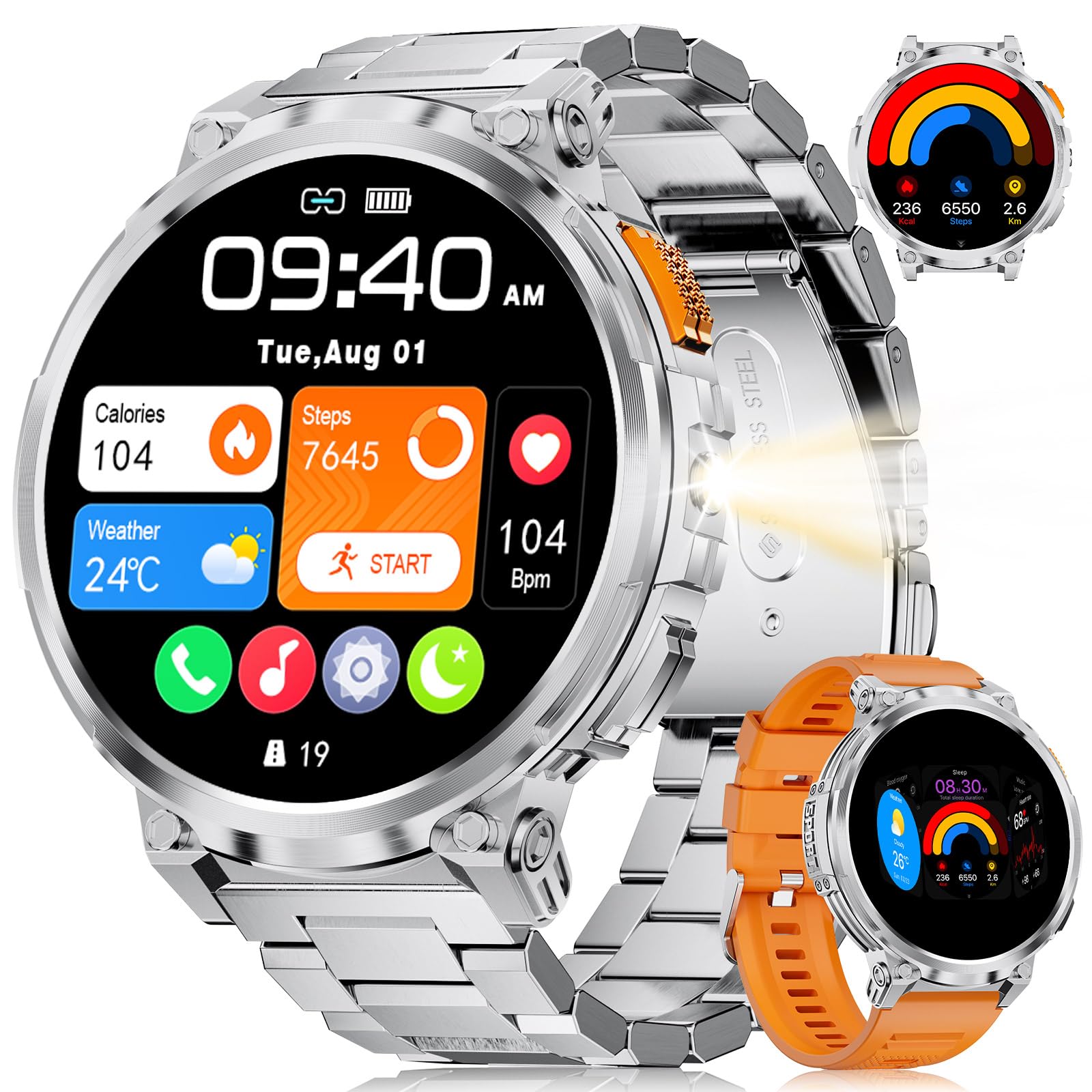 ESFOE 1.85" Large Screen Smart Watches for Men Compatible with iOS Android, LED Flashlight/730mAh Large Battery, Fitness Tracker with Heart Rate/Sleep Monitor/100+ Sports Mode, Bluetooth Call(Silver)