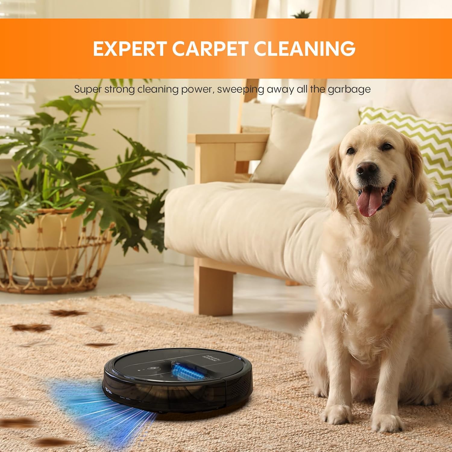 An AZQQ Robot Vacuum Cleans Up After a Golden Retriever