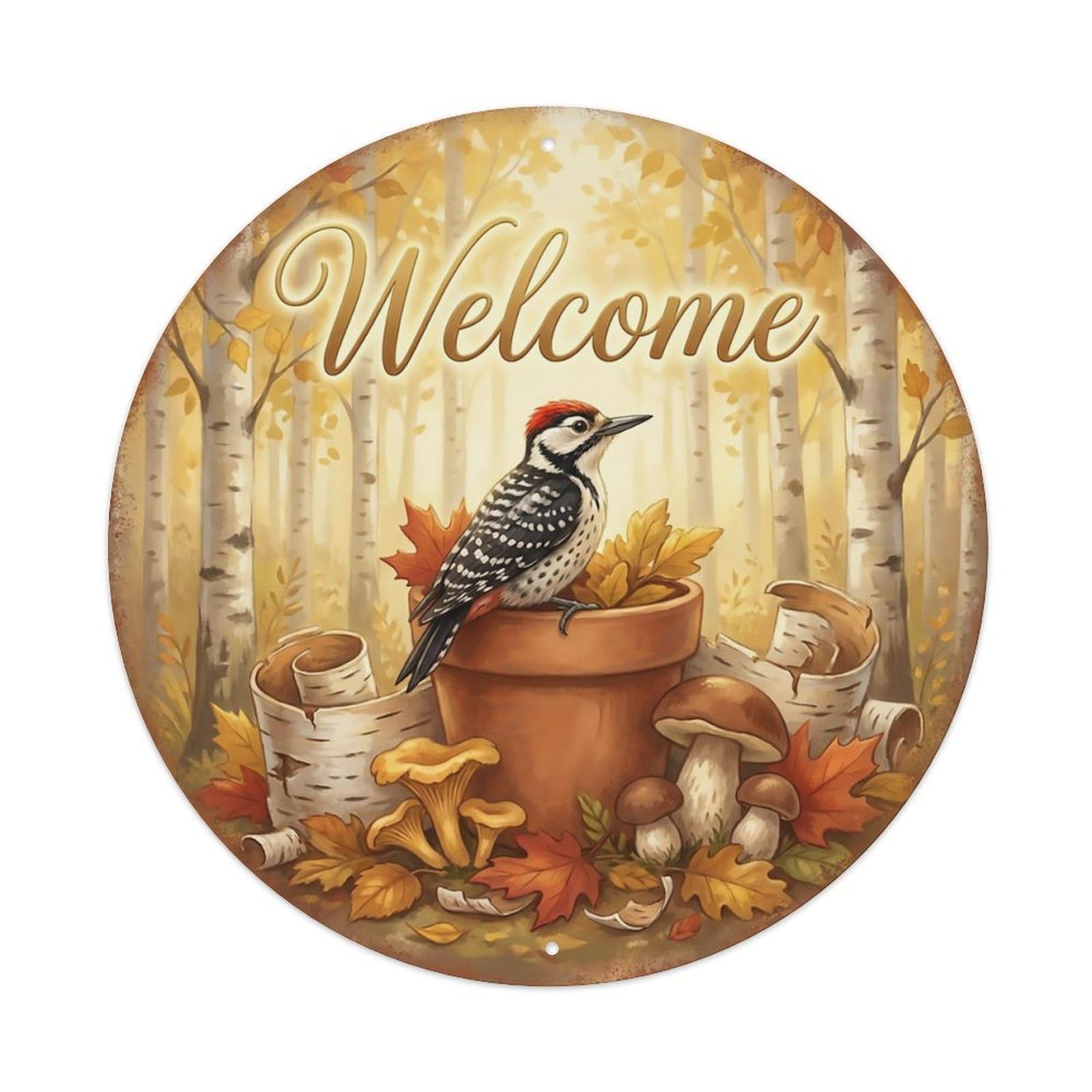 Welcome Woodpecker Birch Forest Metal Tin Sign