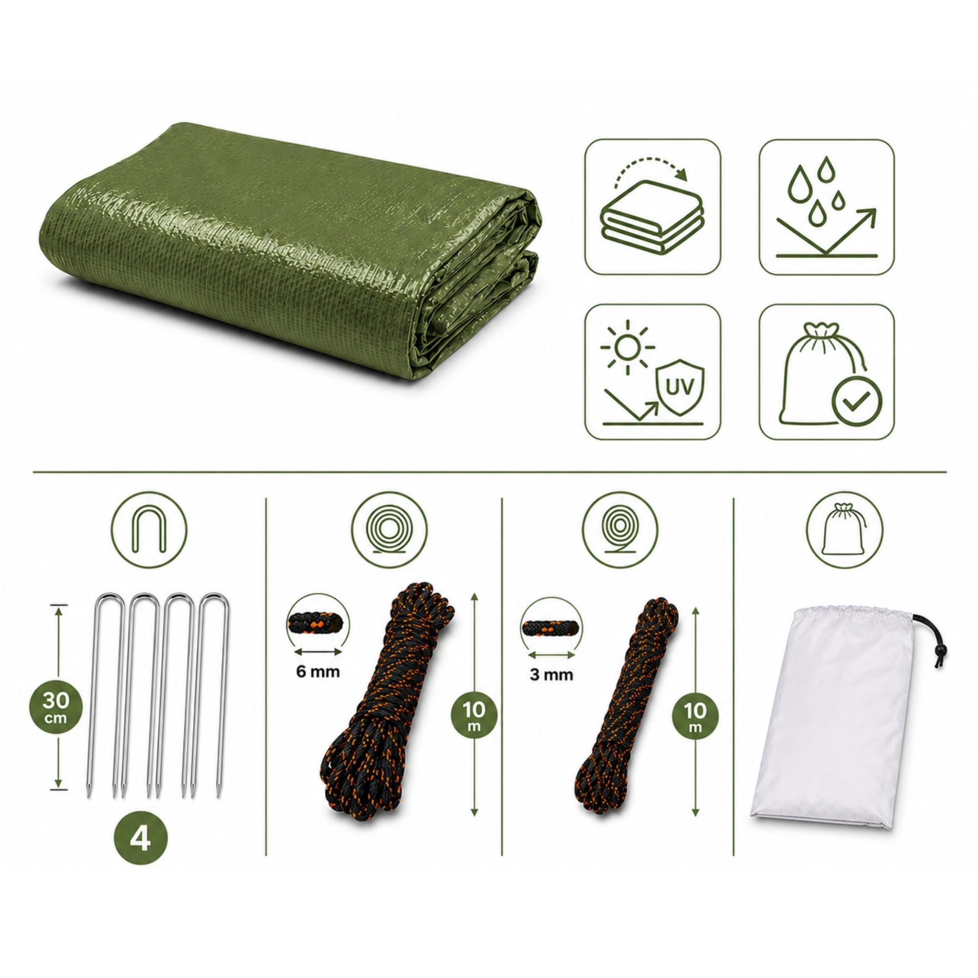 Tarp 3 x 3 m Imperméable, Bâche Camping avec Sardines | Sardines en Acier Inoxydable, Cordes de Fixation et Sac de Transport, Abri Outdoor pour Bivouac, Randonnée et Bushcraft