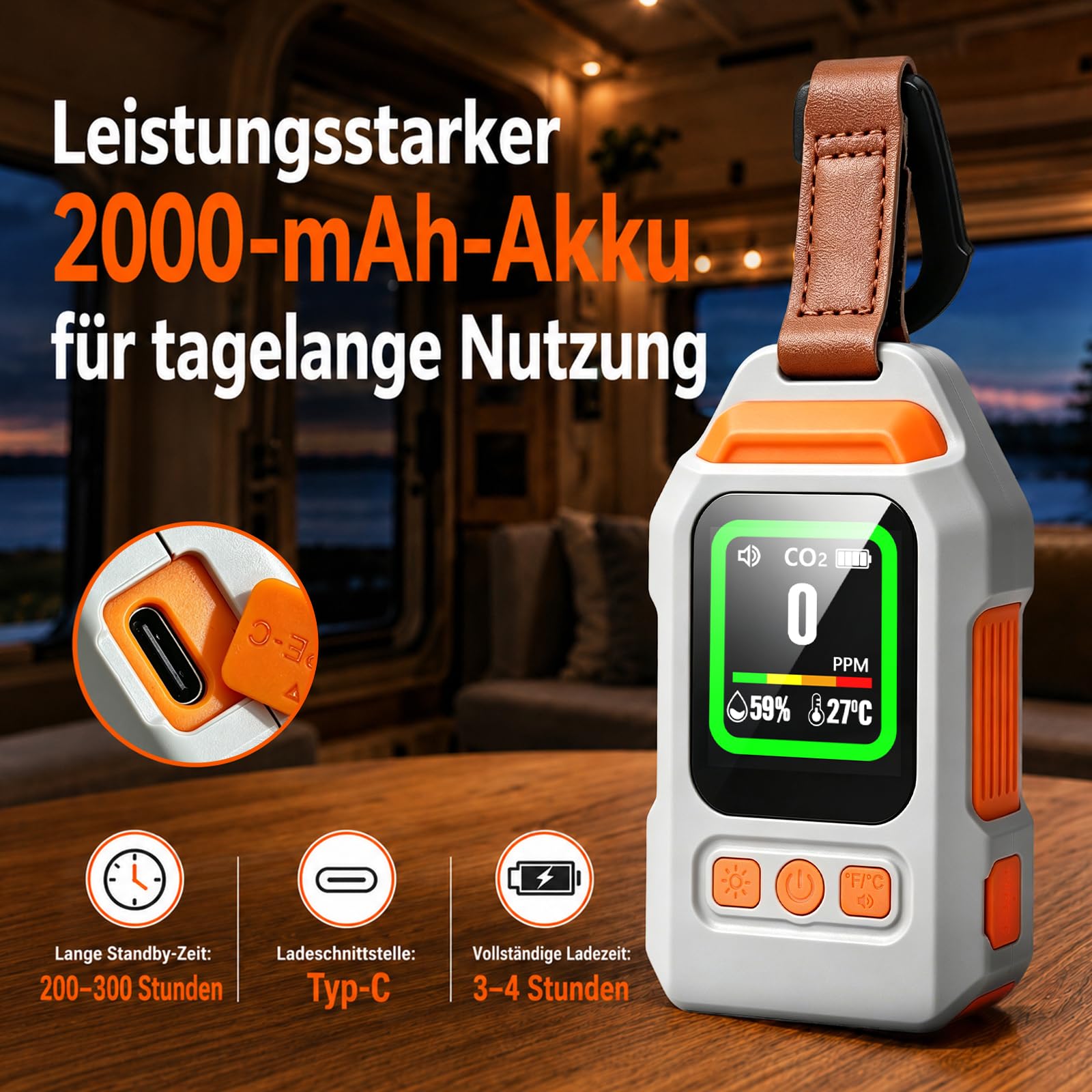 4-in-1 Tragbarer Kohlenmonoxid Melder, 300 Stunden Akkulebensdauer, Thermometer und Hygrometer mit Alarmfunktion und Notleuchte für Reisen Camping, Zelt, Wohnmobil, Wohnmobil, Zuhause, Küche
