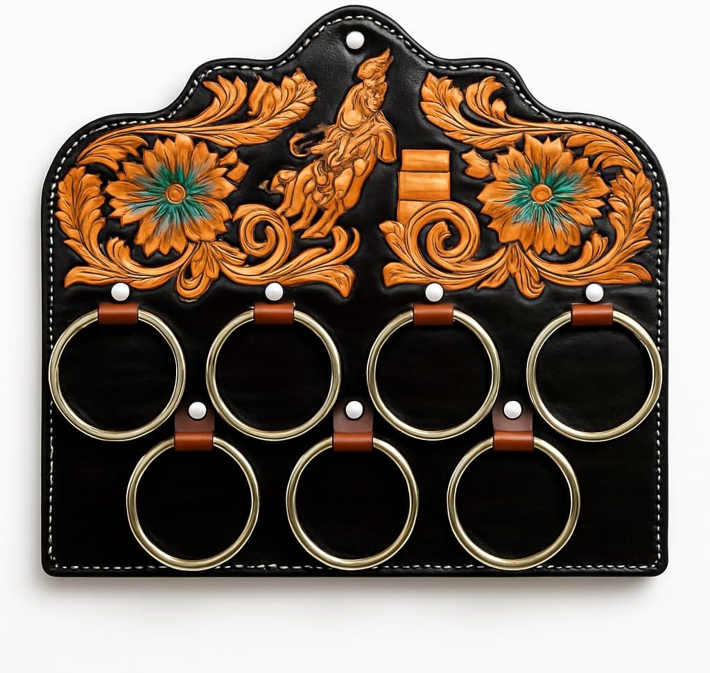 Handcrafted Leather Wild Rag Hanger – Tooled Western Leather Wild Rag Organizer with Heavy-Duty D-Rings – Premium Western Tack Accessory for Scarves, Wild Rags & Gear 024