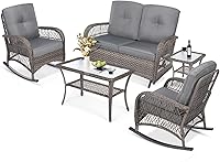 Vista 58 de MEETWARM Juego de 3 piezas de mimbre giratorio para patio al aire libre, mecedoras, juegos de muebles de patio de ratán con cojín grueso y mesa