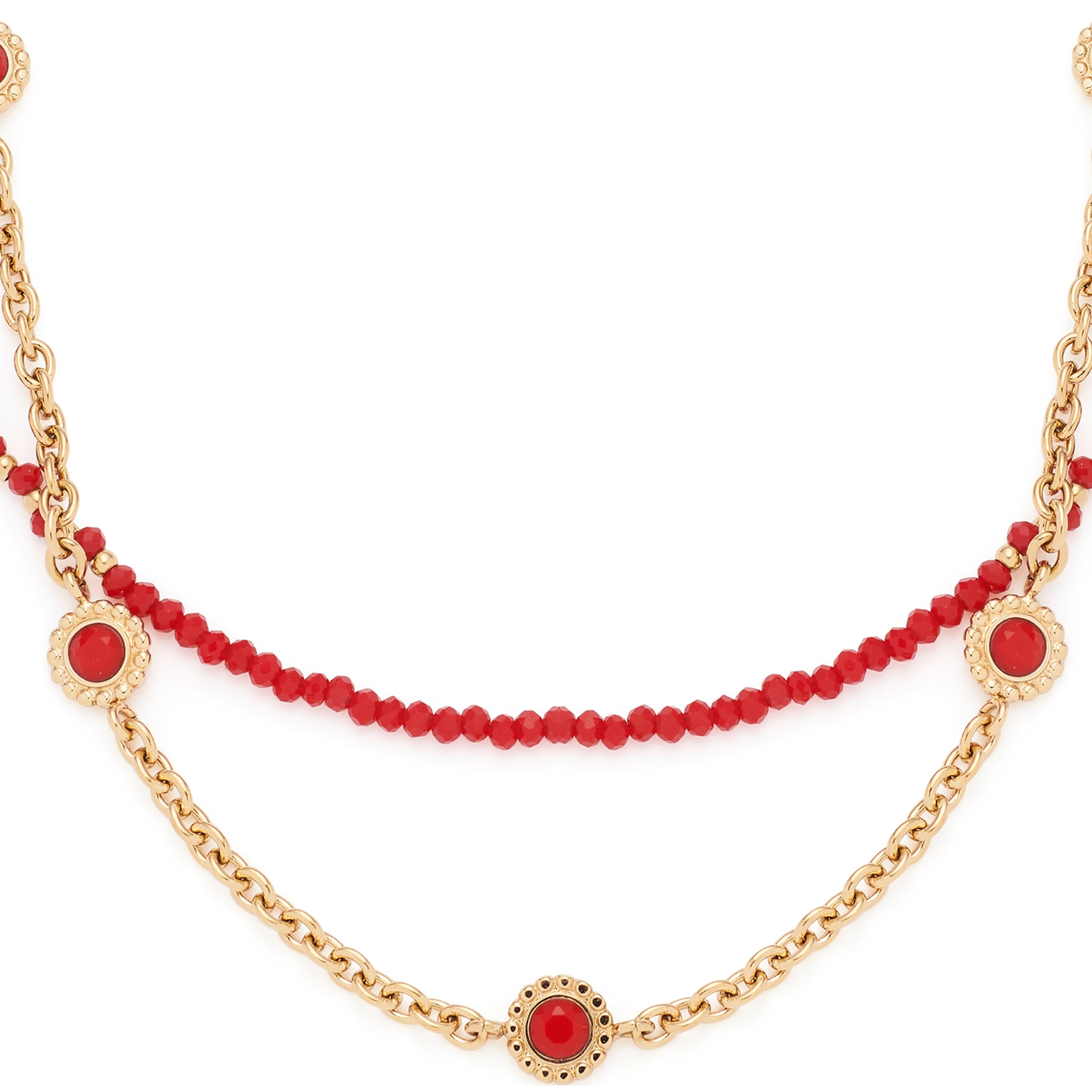JEWELS BY LEONARDO Halskette Florena • doppelreihige Kette aus goldfarbenem Edelstahl • aufgereihte rote Glassteine und eingesetzte Blüten-Elemente • 42-47 cm Länge • Damen Schmuck • 023545