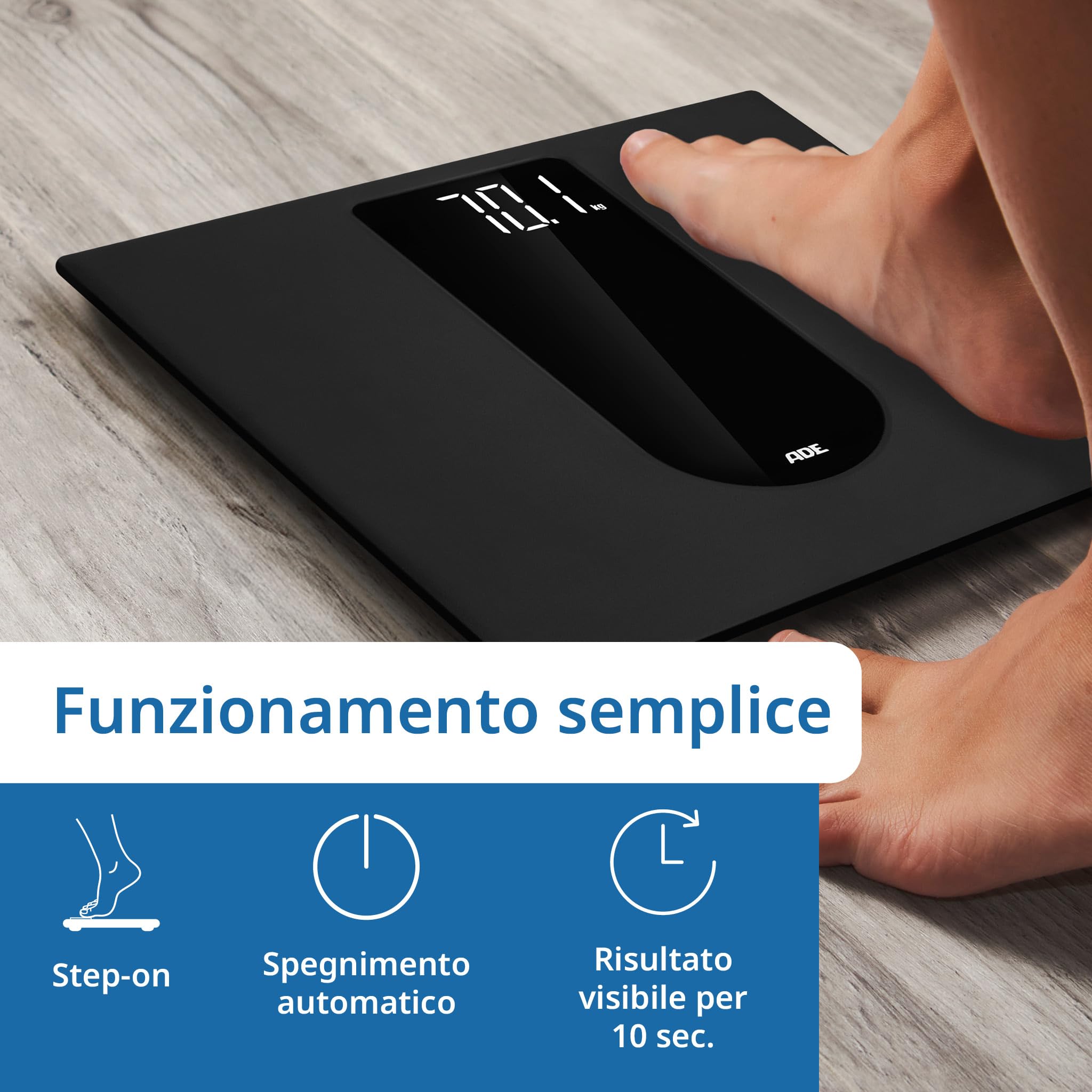 ADE Bilancia pesapersone digitale | ampio display LED ad alto contrasto | superficie antiscivolo in vetro di sicurezza | risultato di pesatura preciso | elegante superficie opaca nera | fino a 180 kg