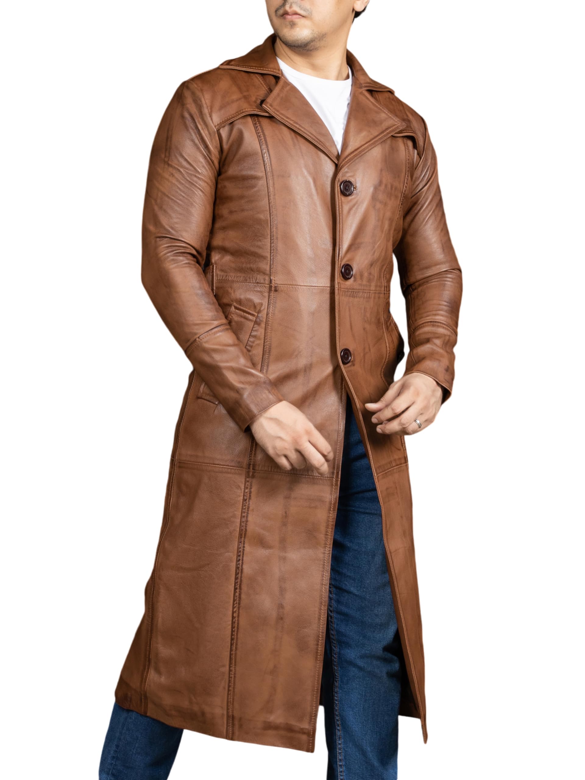 jild Vintage Classic Leather Trench Coat Men - Full Length Duster Overcoat Lambskin Leather Long Coats for Men-picture-17