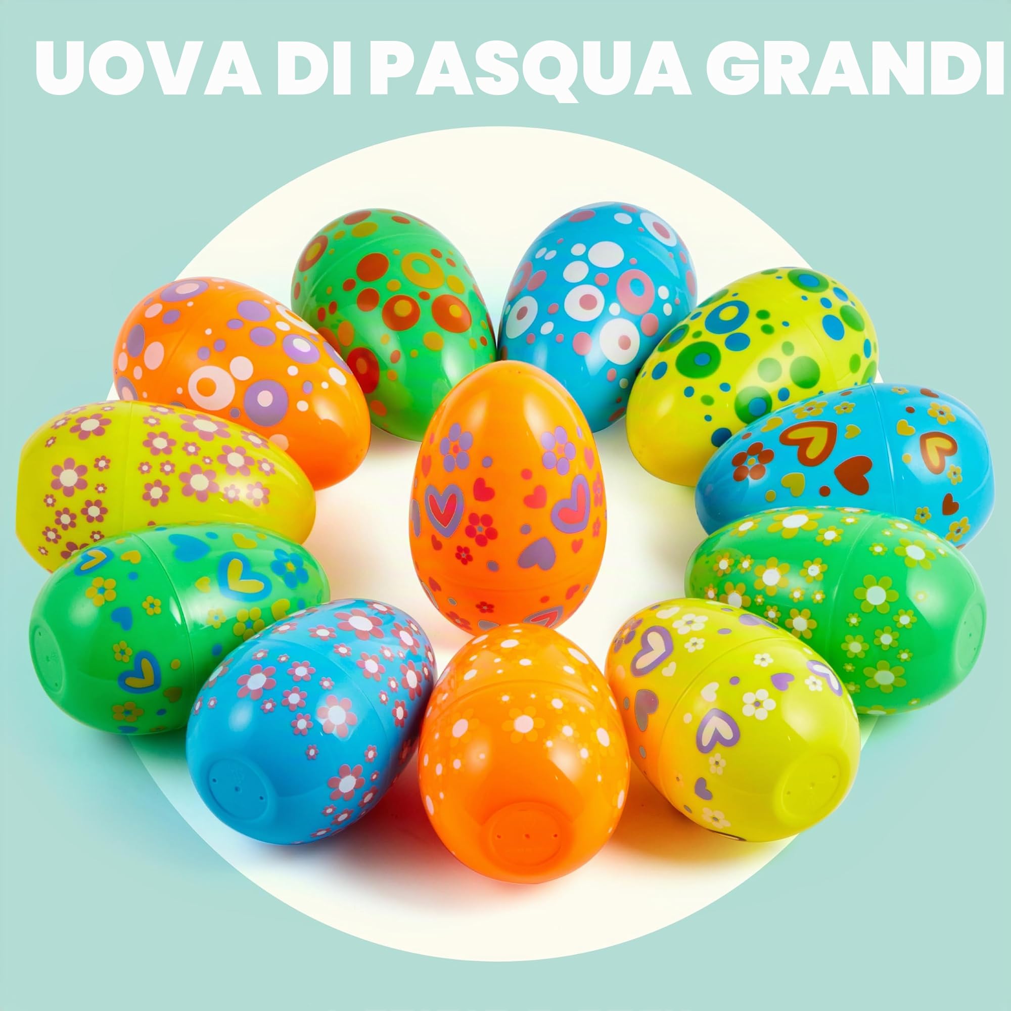 JOYIN 12 uova di Pasqua Jumbo da 17,8 cm, in plastica brillante, tinta unita, 6 colori assortiti, stampate uova vuote per riempire dolcetti, bomboniere, caccia, cestini, riempitivi, premi in classe