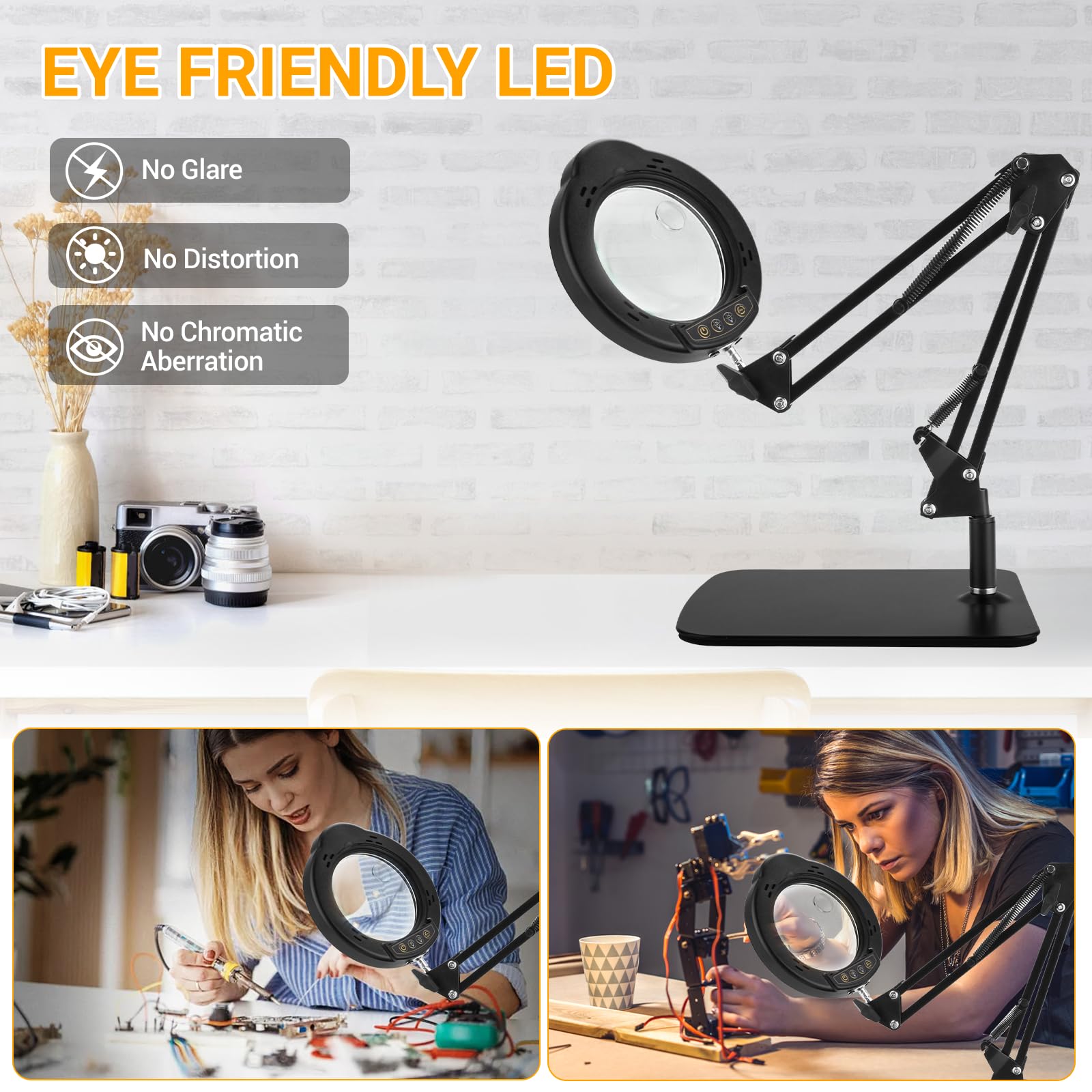 Lampe Loupe 10-15X avec Pince,Loupe Multifonctionnelle,Lampe De Table Led à Intensité Variable avec 5 Modes De Couleur,9 Niveaux De Luminosité pour Les RéParations,L'artisanat,Le Travail de Près