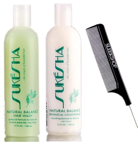 Sukesha Natural Balance - Champú y acondicionador botánico de lavado de cabello (con peine elegante) fórmula diaria nutritiva, 100% vegano (kit DUO