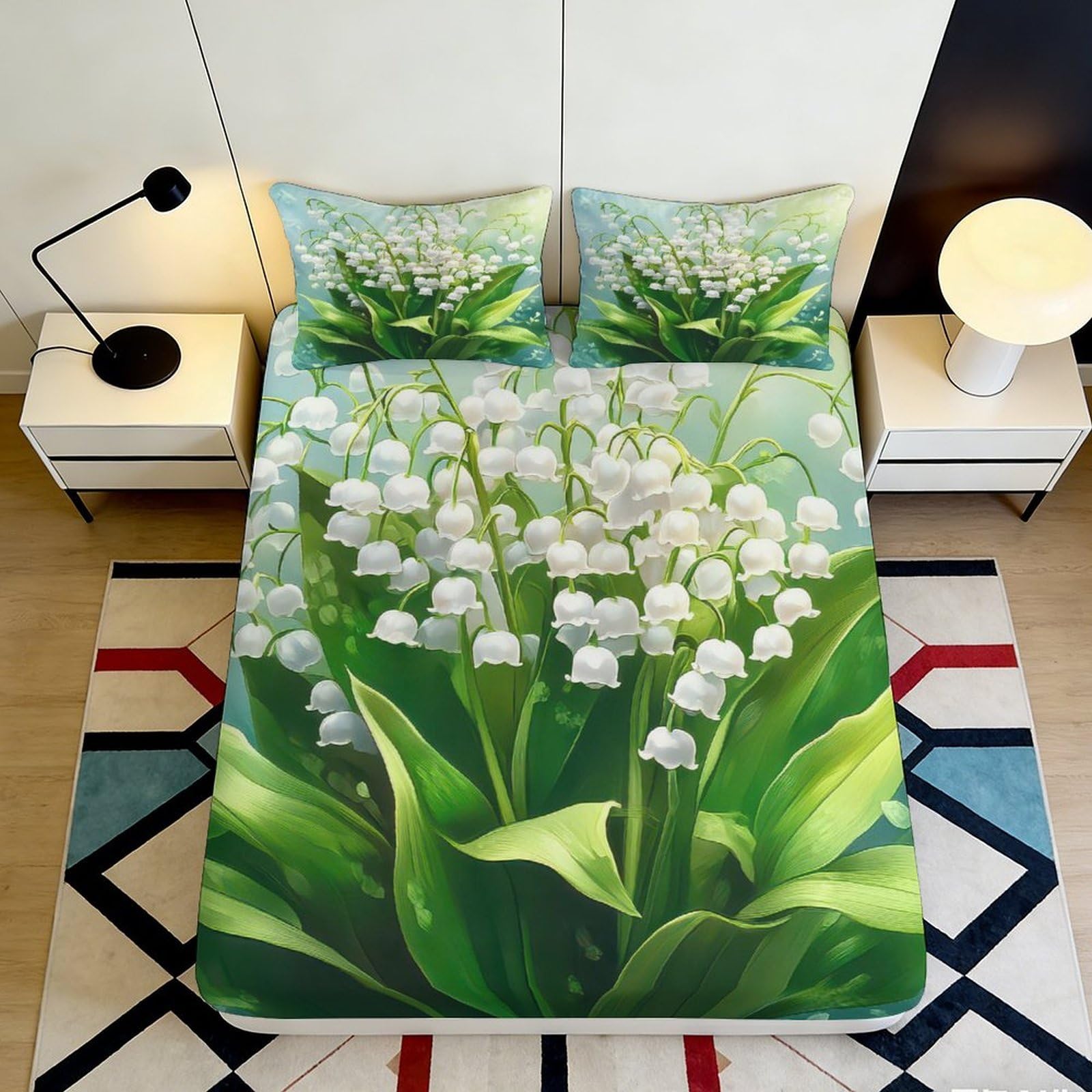 3D Printed Lily of the Valley Fitted Sheet Microfiber Green Botanical Bed Cover for Bedroom Guest Room Mattress Protection 200x200x25cm