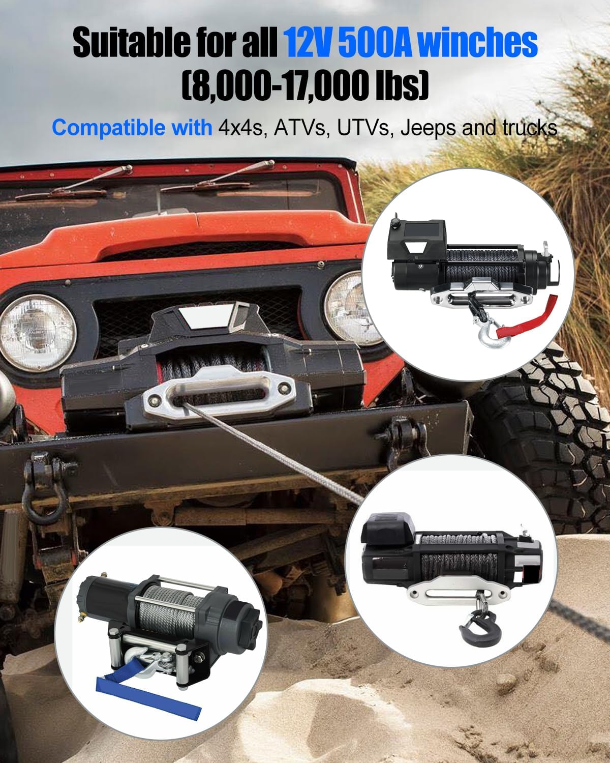 Winden-Magnetschütz-Relais-Set, 12 V, 500 A, Seilwinde, Fernbedienung mit wasserdichter Box, Dual-Fernbedienung, passend für 3628 kg - 7,711 kg ATV, UTV, Jeep-Anhängerwinden, vorverdrahtet