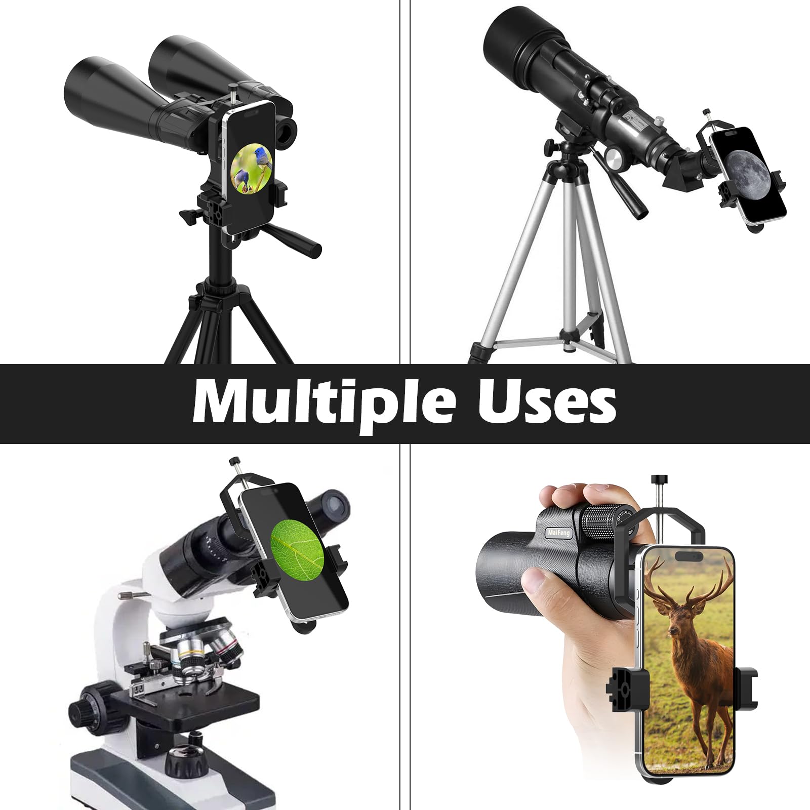Adaptador Metálico para Telescopio y Teléfono - Soporte Universal (Ancho 5,3-9 cm) para Telescopios, Binoculares, Microscopios y Visores (Diámetro Ocular 2,4-5,2 cm)