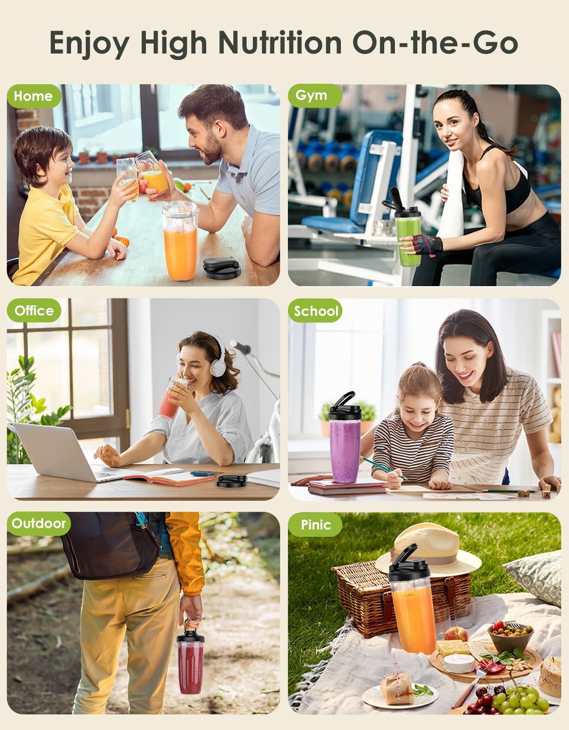 Batidora de batidos, licuadora personal de 1100 W para batidos y batidos, licuadoras y molinillo combinado para cocina con 2 tazas para llevar de 22 onzas y tapa para batido de proteínas, 7