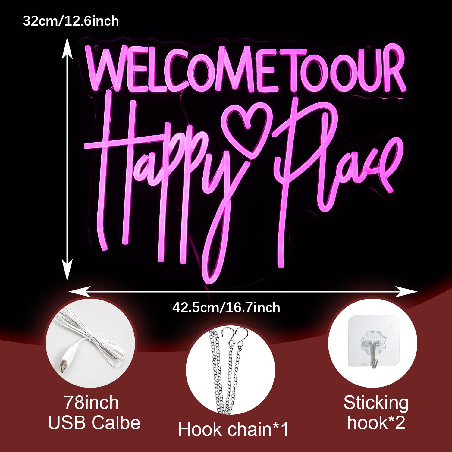 Neonschild mit Aufschrift "Welcome To Our Happy Place", mit USB, dimmbar, fröhliche Buchstaben, leuchtendes Schild für Schlafzimmer, Hochzeit, Party, Heimdekoration (42 x 32 cm)