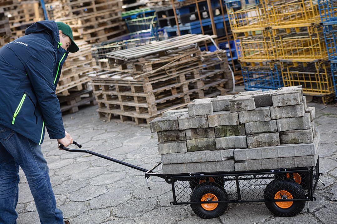 NEO TOOLS Bollerwagen 300 kg mit Metallgittern, Transportwagen | Mit Klappbaren Seiten, Stahlrahmen, Schwenkbare Vorderräder, Aufblasbare 10-Zoll-Räder, Handwagen, Gartenwagen, Gerätewagen