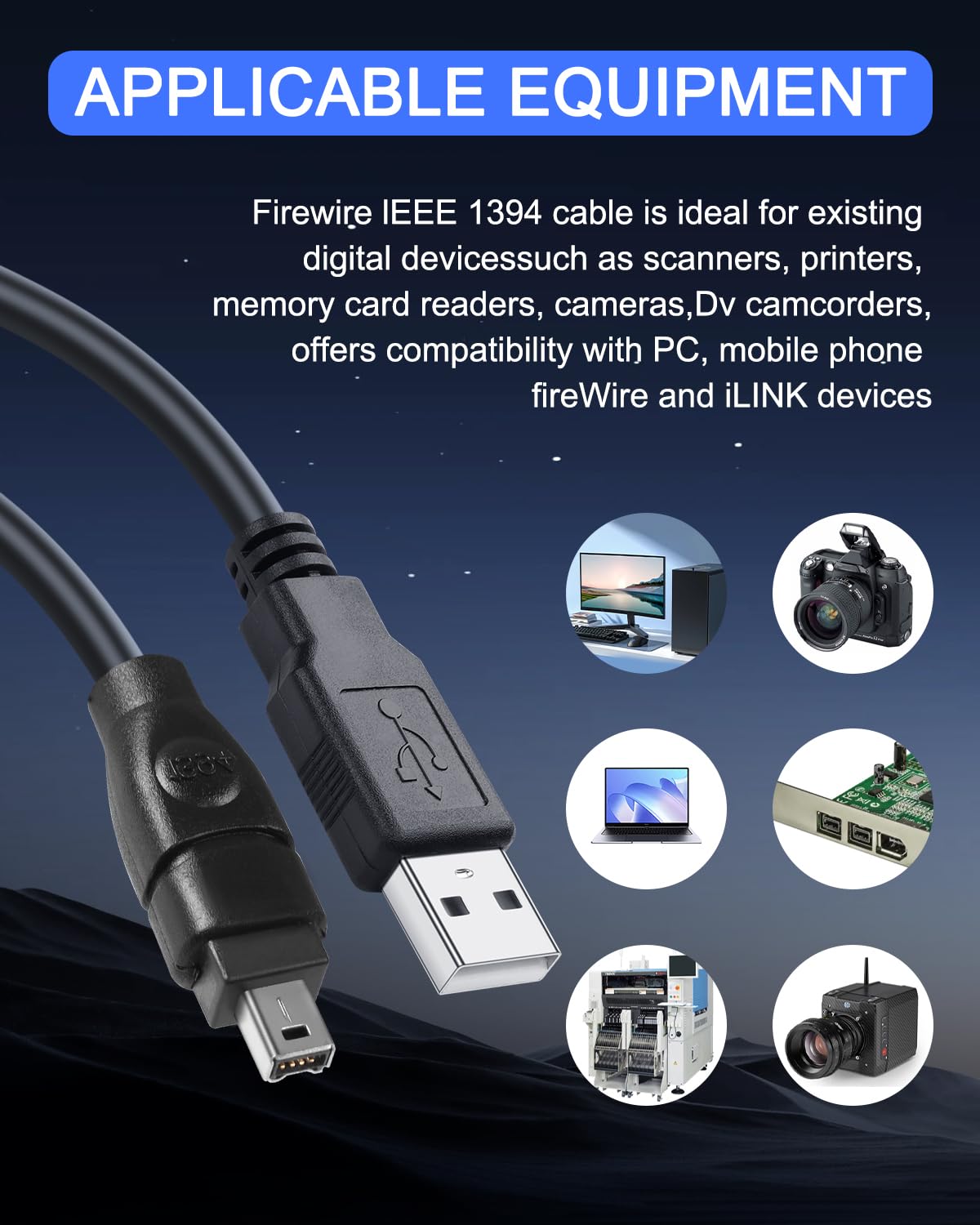 Cavo adattatore Firewire da 4 pin a USB da 1,8 m, USB 2.0 A maschio Firewire IEEE 1394 Cavo convertitore a 4 pin per stampante, scanner, fotocamera digitale, disco rigido