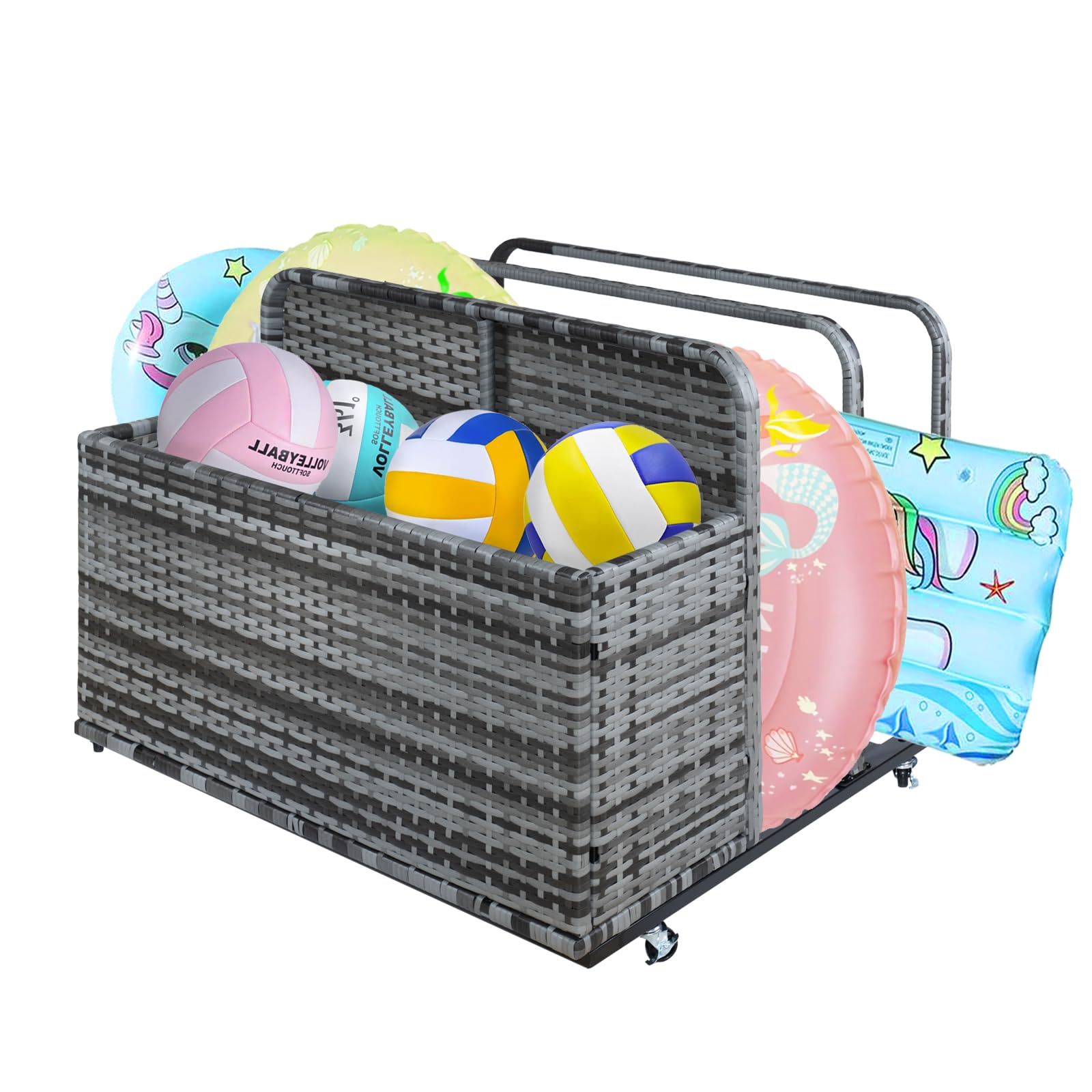 Hapihom Pool Storage Bin, Rolling Poolside Float Storage with Towel Rack and Wheels, PE Rattan Mesh Organizer for Swimming Equipments, Floaties, Toys, Floats, Cushions, Life Vests, Beach Balls - G