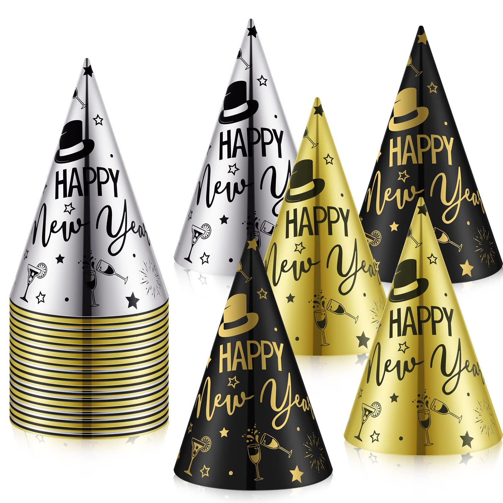 Hanaive 48 Pack Bulk New Year's Eve Party Hats New Years Party Supplies 2026 Black Gold Silver Cone Hats for Adults Photo Props Decorations, 3 Colors