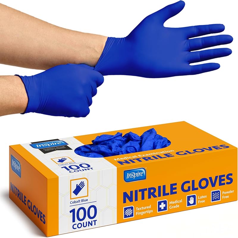 Guantes desechables de nitrilo azul cobalto Inspire | 4,5 Guantes desechables de limpieza para cocina y examen médico de seguridad de nitrilo