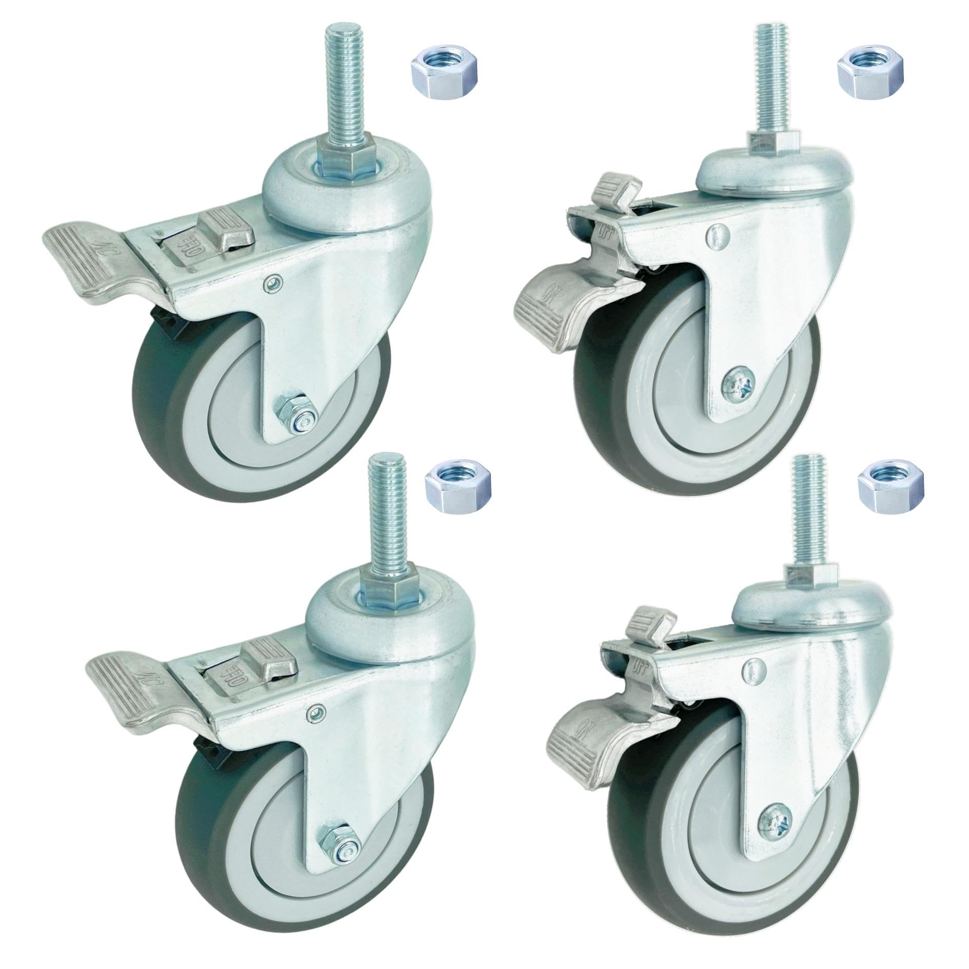 Nfbcxutkw Grey Tpr 4 Inch Swivel Caster Wheels Heavy Duty With Aluminum Brake, 1/2" X13-1-1/2 Threaded Stem Casters Set Of 4, Tpr Rubber Wheels For Hospital, Lab, Furnitures,Restaurant