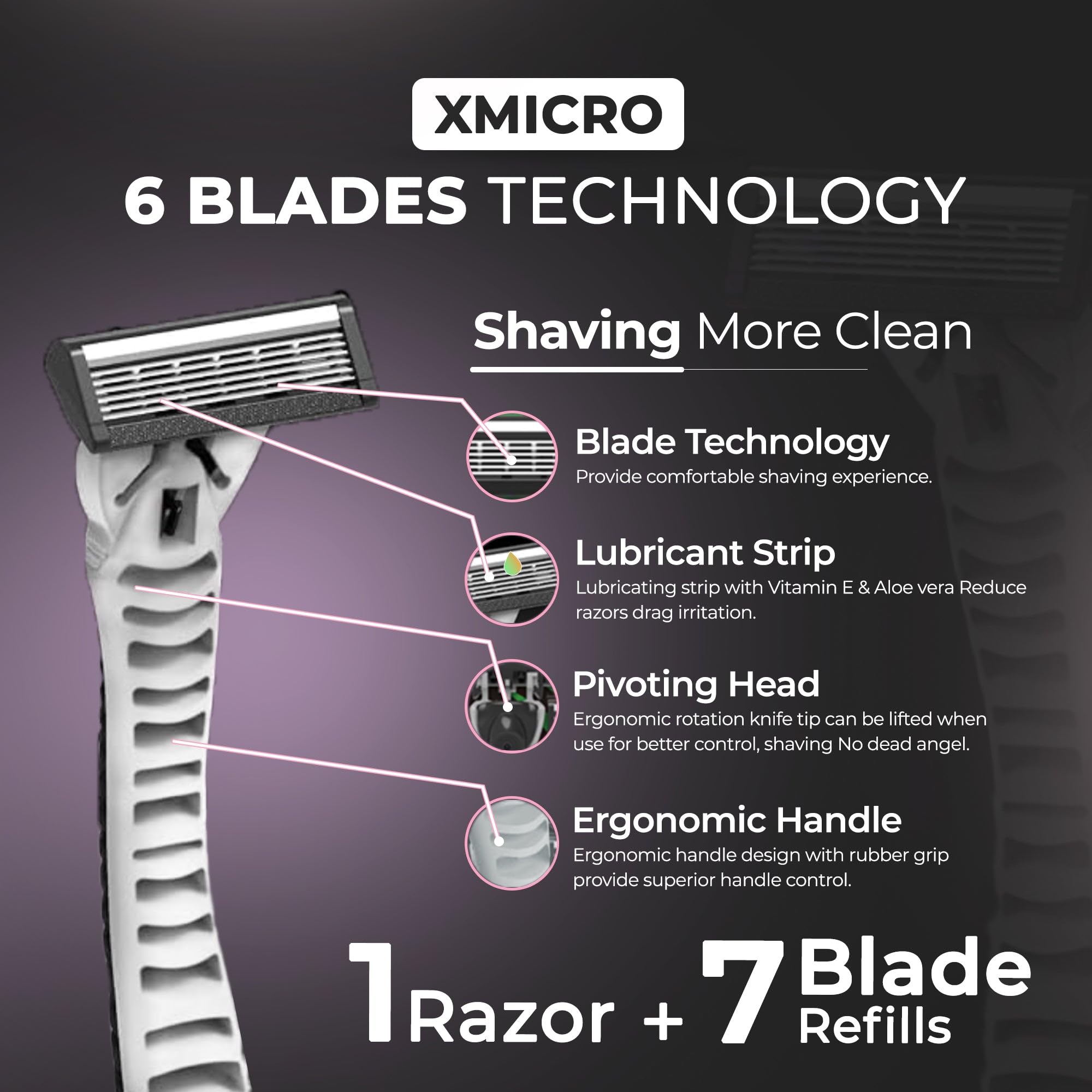 XMicro Razors for Men, 1 Razor, 7 Blade Refills with German Stainless Steel, Lubricated with Vitamin E, Aloe for Smooth Shave, Shields Against Irritation (Pack of 5) | 35 Blade Included
