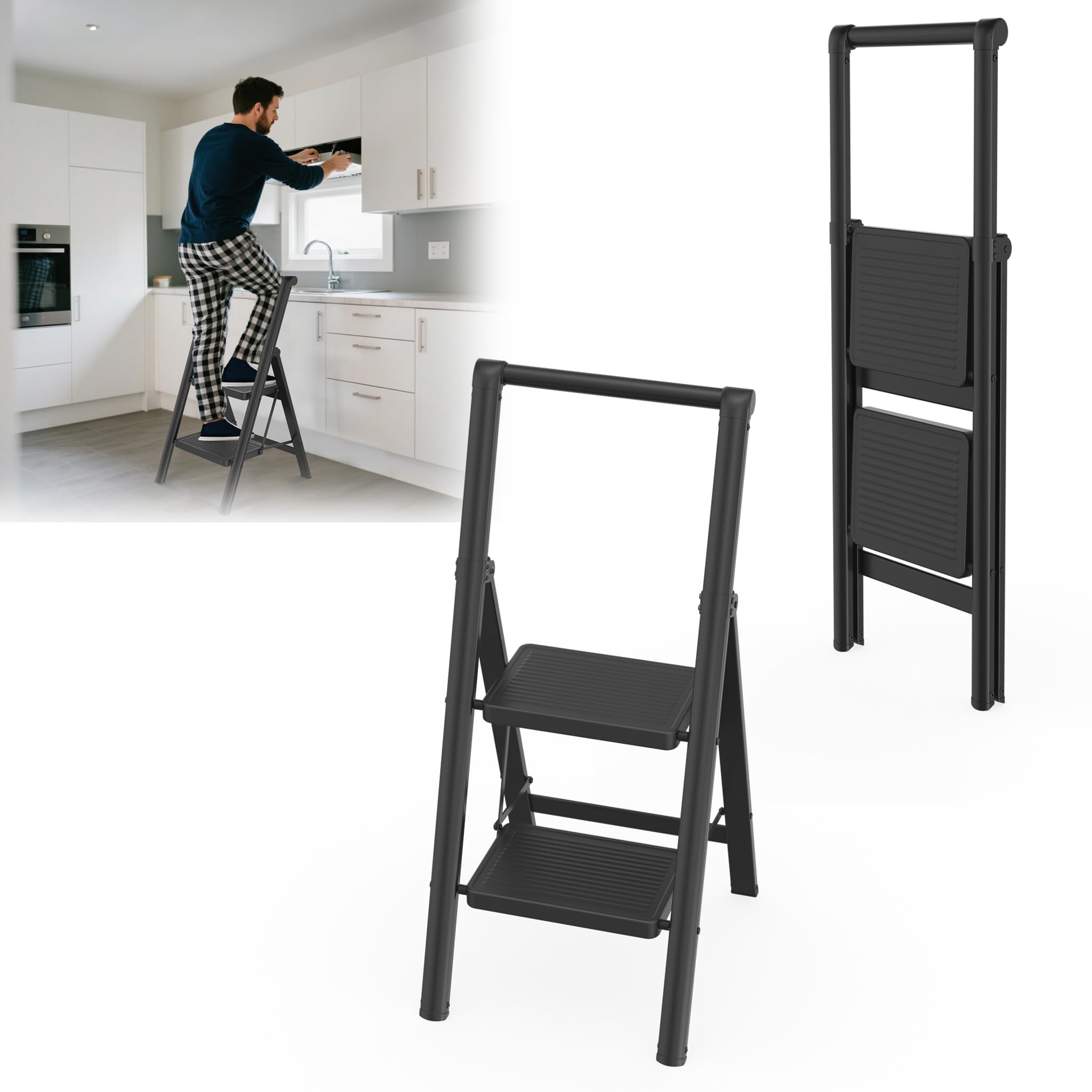 Yunvin Folding Step Ladder, 2 Steps with Handrail, Aluminium Folding Ladder with Anti Slip Feet and Wide Steps, 150 kg Load Capacity, Space Saving, Multifunctional Step Stool, Black
