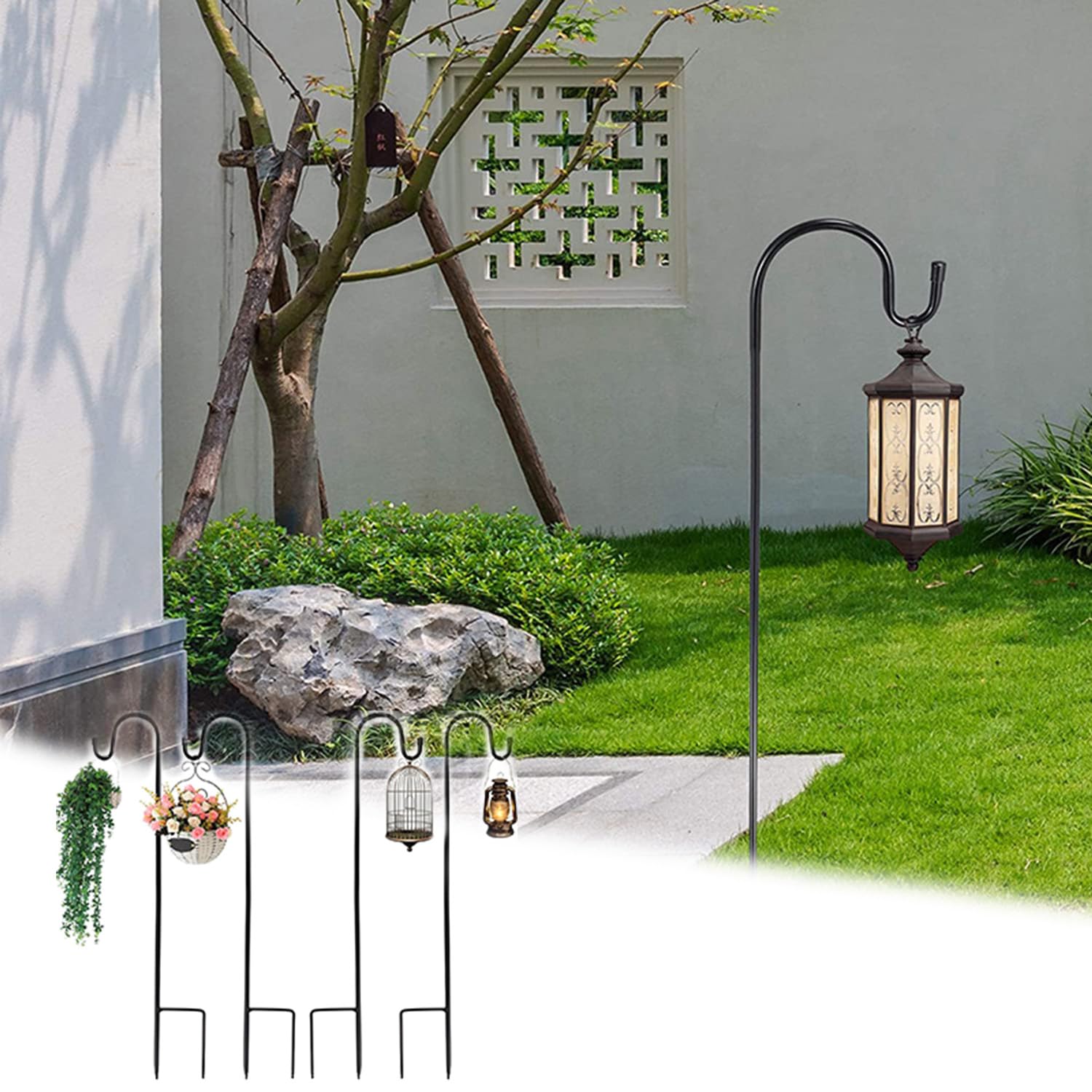 Gancio da pastore da giardino, bastone lanterna bastone da pastore 120 cm, gancio da pastore bastone da giardino in metallo con gancio bastone lanterna gancio ad arco da pastore, 4 pezzi