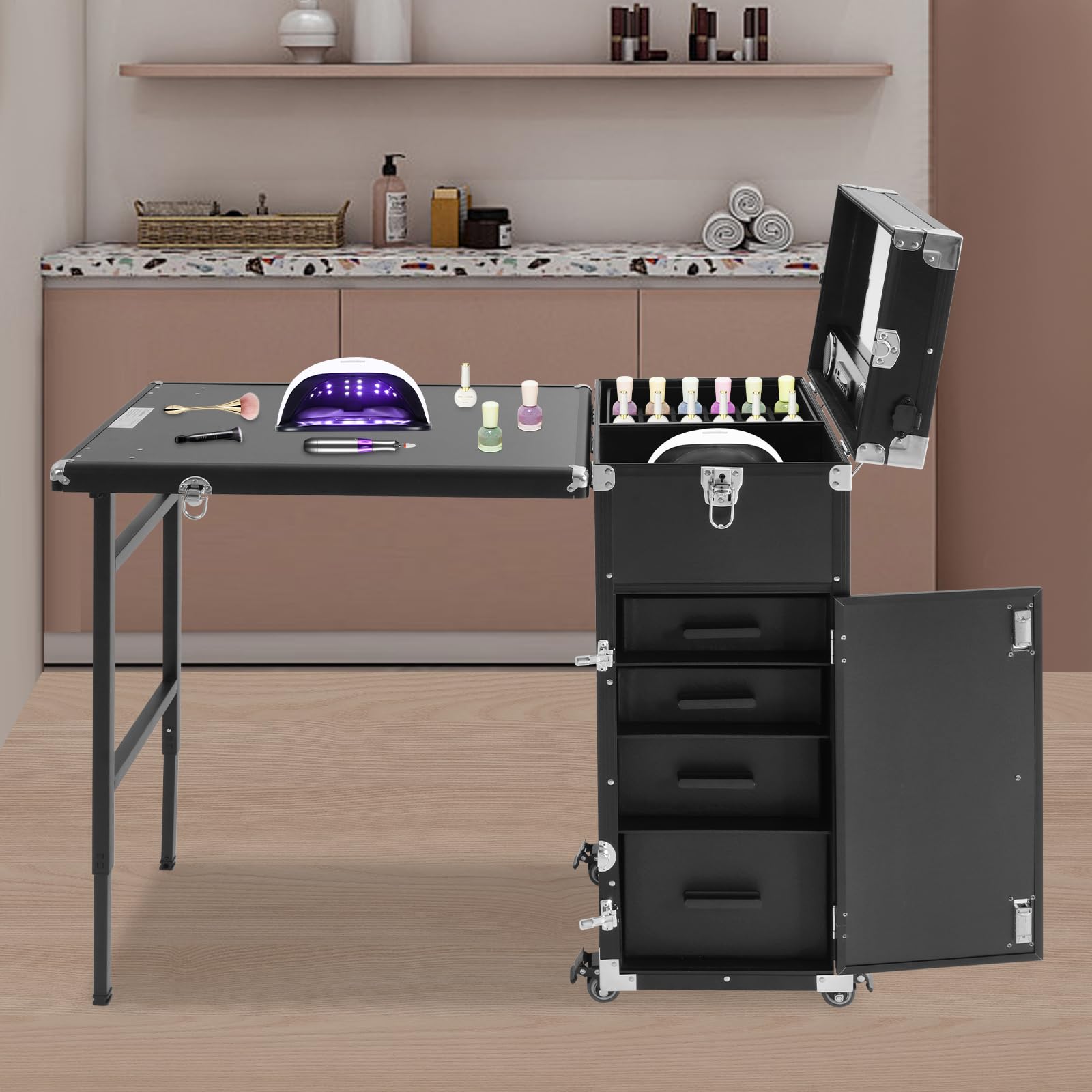 Kuferek na kosmetyki 4 w 1, z kółkami, lusterkiem, głośnikiem Bluetooth, obracany o 360°, zamykany, przegródki i szuflada, czarny, 45,5 x 27 x 62 cm