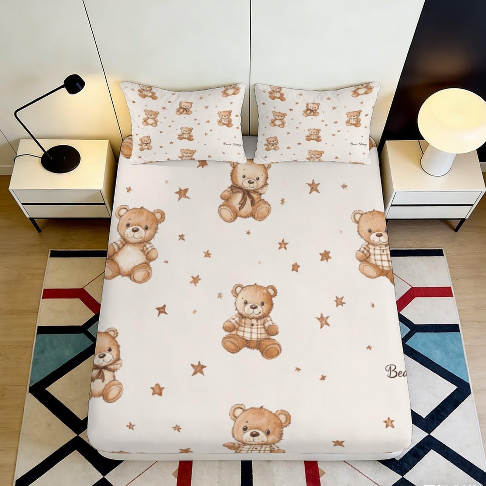 3D Printed Cartoon Teddy Bear Fitted Sheet Microfiber Deep Pocket Bedroom Bedding Playful Teddy Bear Mattress Fitted Cover Non-Slip for Home Use 140x200x25cm