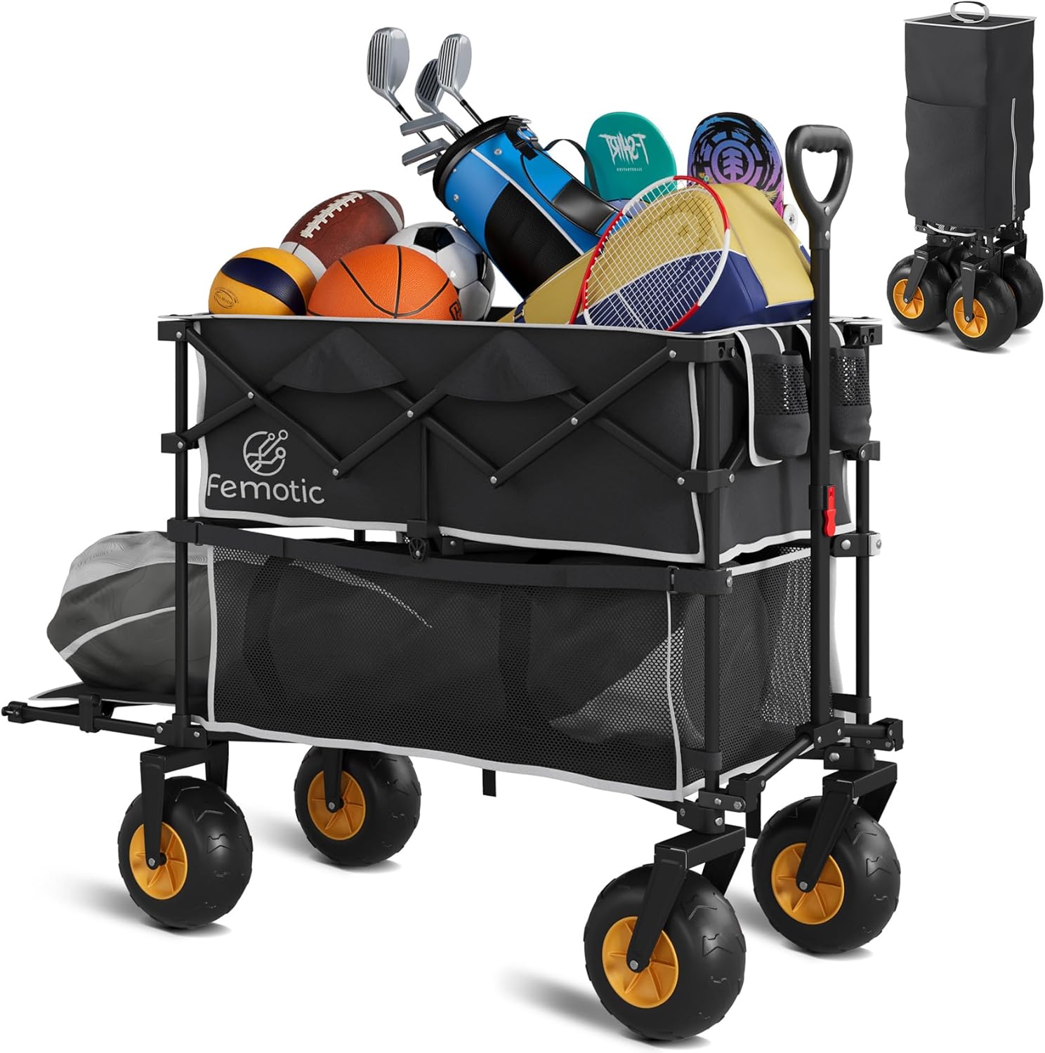 Beach Wagon with Big Wheels for Sand,Heavy Duty Double Decker Wagon with Extender,385L Extra Large Foldable Wagon Cart with 9" All Terrain Inflatable Tires,for Beach Camping Garden and Sports, Black