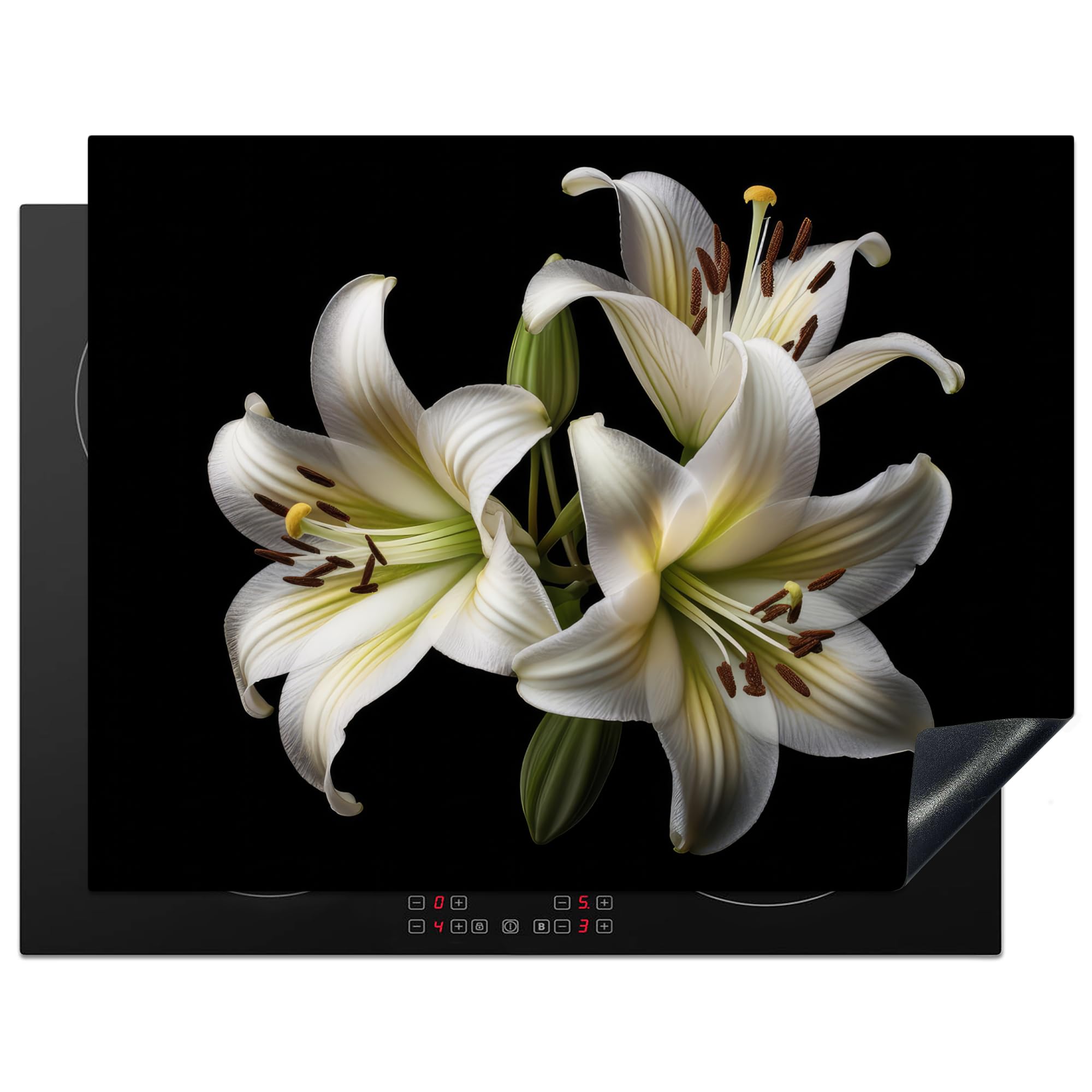 KitchenYeah© Induction Hob Protector Mat 23.2"x30.3" / 77x59 cm Stove Cap Top Cover Kitchen Cooker Covers for Electric Hobs Vinyl Lily - Flowers - White - Nature - Botanical