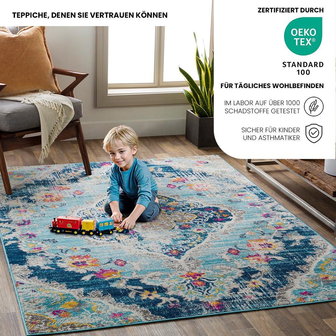Livabliss Romy Palma Vintage Boho 200x275 cm – Orientalisches Muster bunt in Blau, Fuchsie, Senfgelb & Orange, stilvoll für Wohnzimmer, Schlafzimmer & Esszimmer