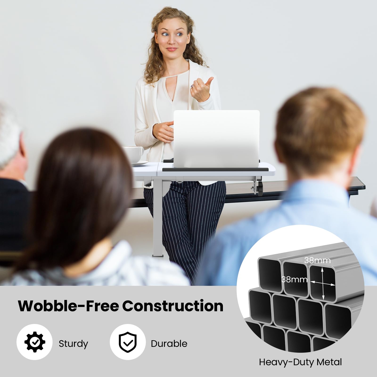 Scrivania mobile per laptop con ruote bloccabili, tavolo regolabile in altezza per casa e ufficio, postazione di lavoro per computer a forma di C con piano inclinabile