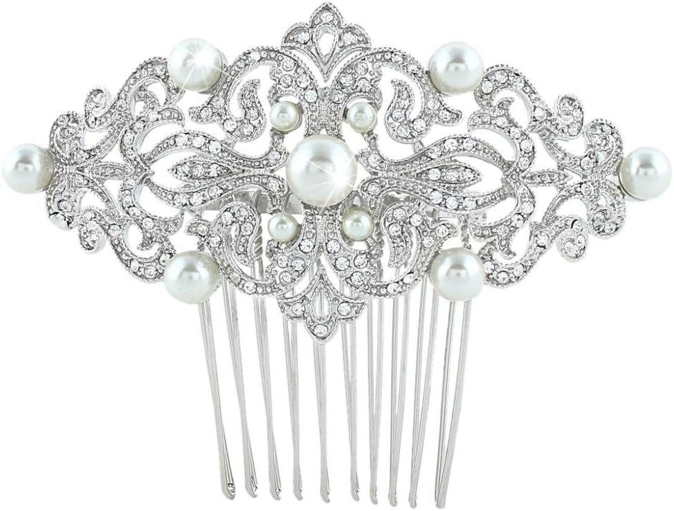 EVER FAITH Austrian Crystal Ivory Color Simulated Pearl 1920s Vintage Bride Wave Hair Comb
