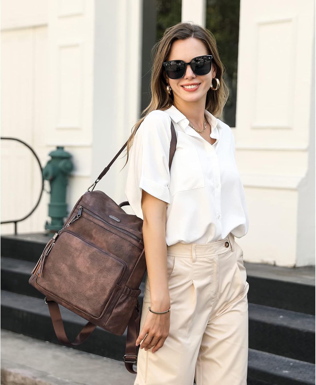 CLUCI Backpack Purse for Women Large Womens Leather Travel Backpack Work Fashion Ladies Casual Daypack with Tassel Two-tone coffee - Image 7